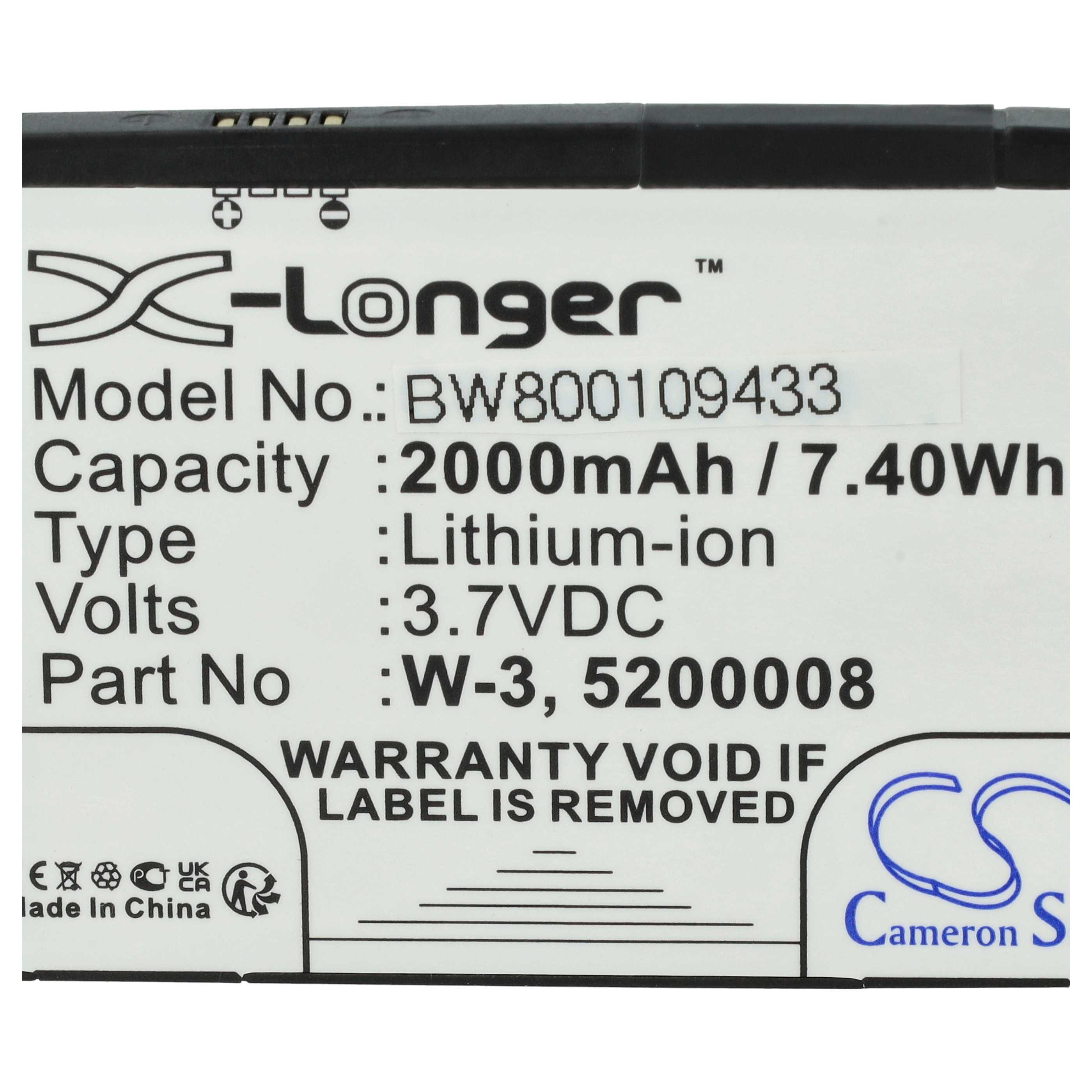 Ein weißes Etikett mit Text: X-Longer, Modell, Kapazität 2000mAh, Typ Lithium-Ionen, 3,7VDC, Teil W-3 und andere Informationen.