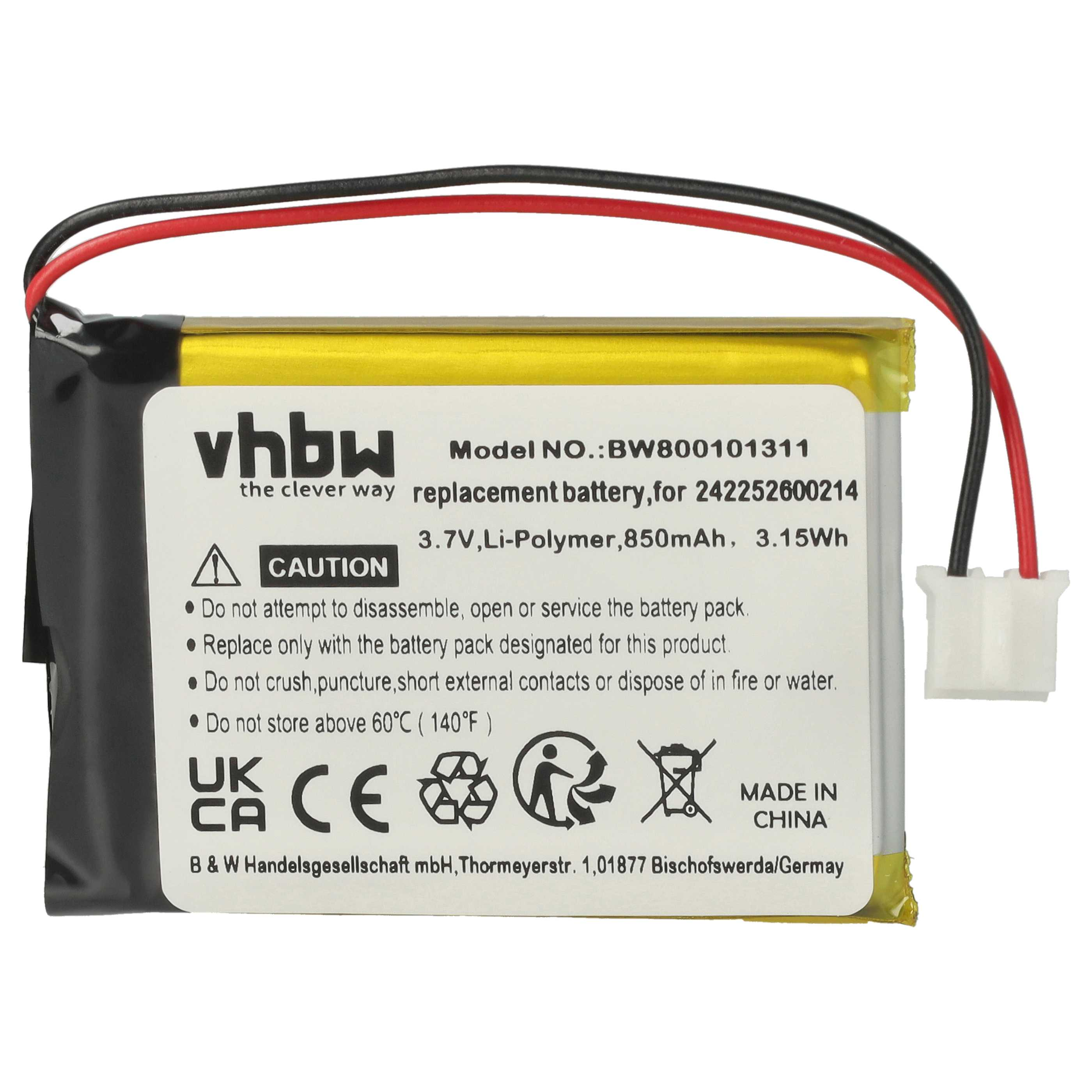 Ein Akkupack mit schwarzen und roten Drähten. Es hat ein Warnetikett und einen weißen Stecker.