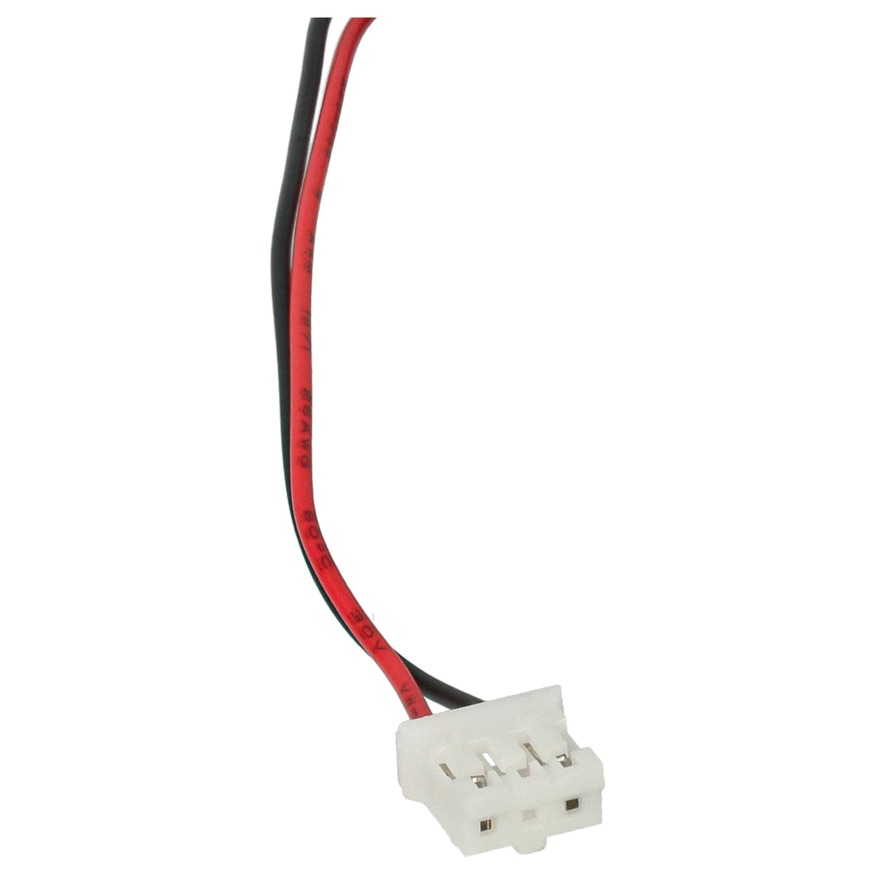 Ein Bild zeigt einen weißen Stecker, der an rote und schwarze Drähte angeschlossen ist. Die Drähte sind beschriftet und auf weißem Hintergrund.