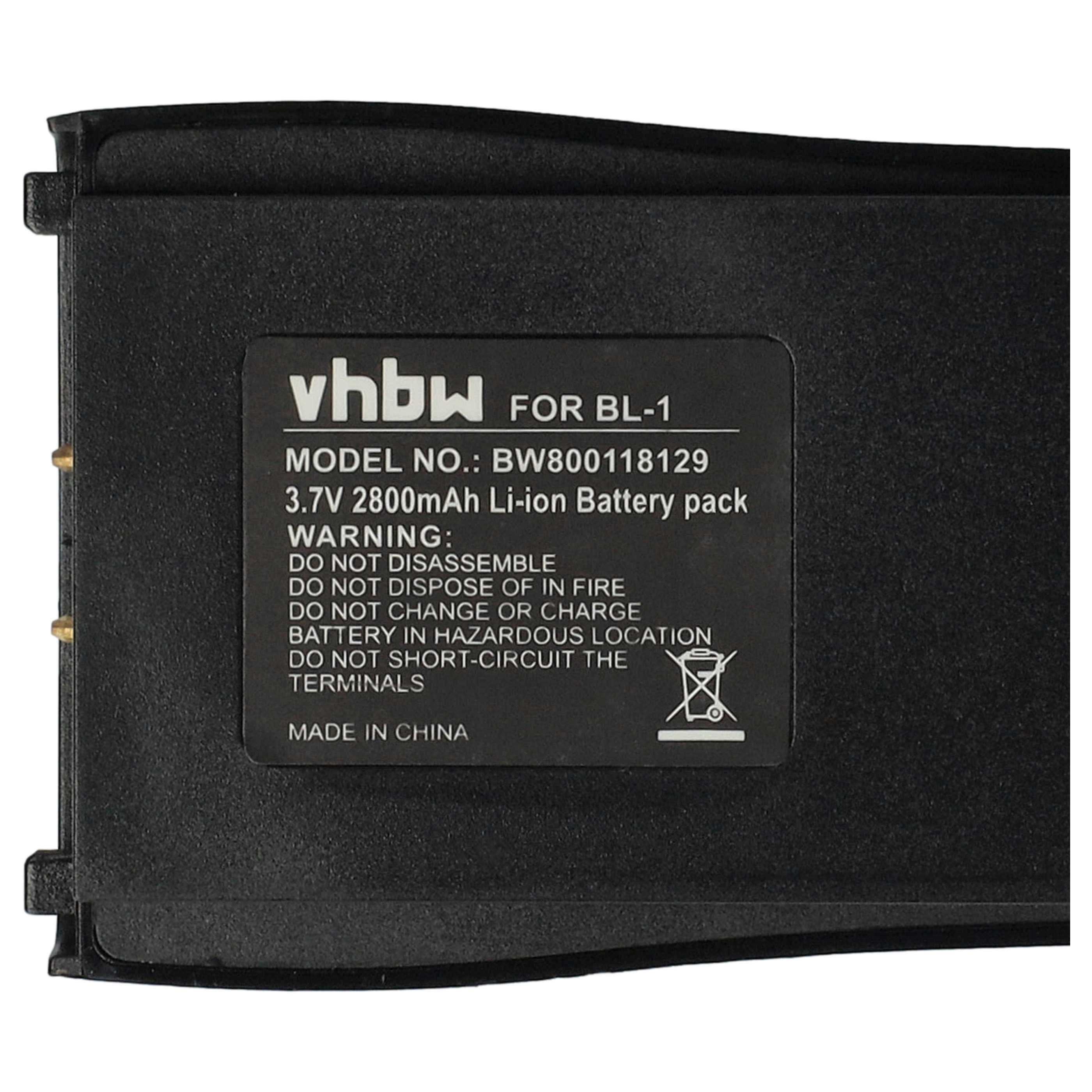 Ein schwarzes Batteriepack mit weißem Text. Der Text lautet 'vhbw FOR BL-1', Modellnummer, Spannung und Warnhinweise.