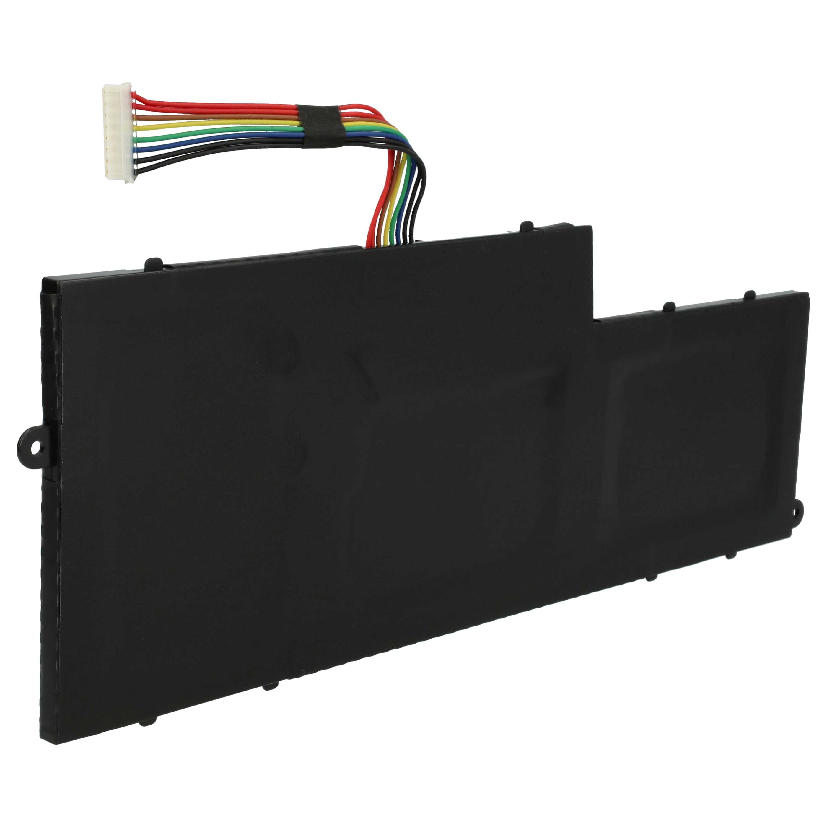 Laptop-Akku mit farbigen Drähten, die mit einem weißen Stecker verbunden sind. Der Akku ist schwarz und hat eine einzigartige Form.