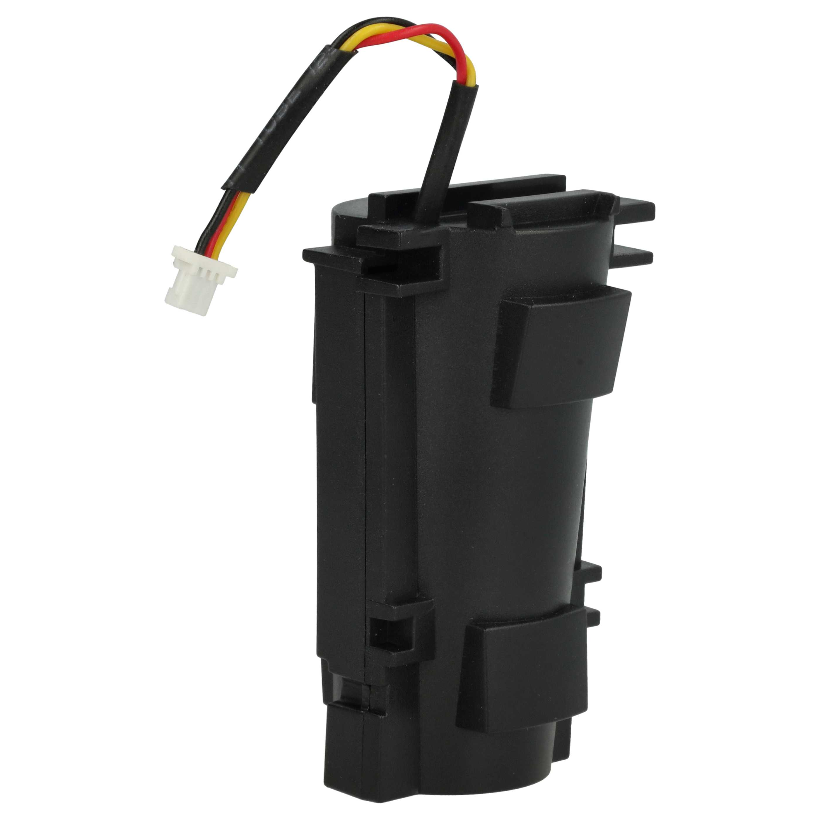 Schwarzer Akku mit Drähten. Drähte haben rote, gelbe und schwarze Farben. Ein weißer Stecker ist an den Drähten befestigt.
