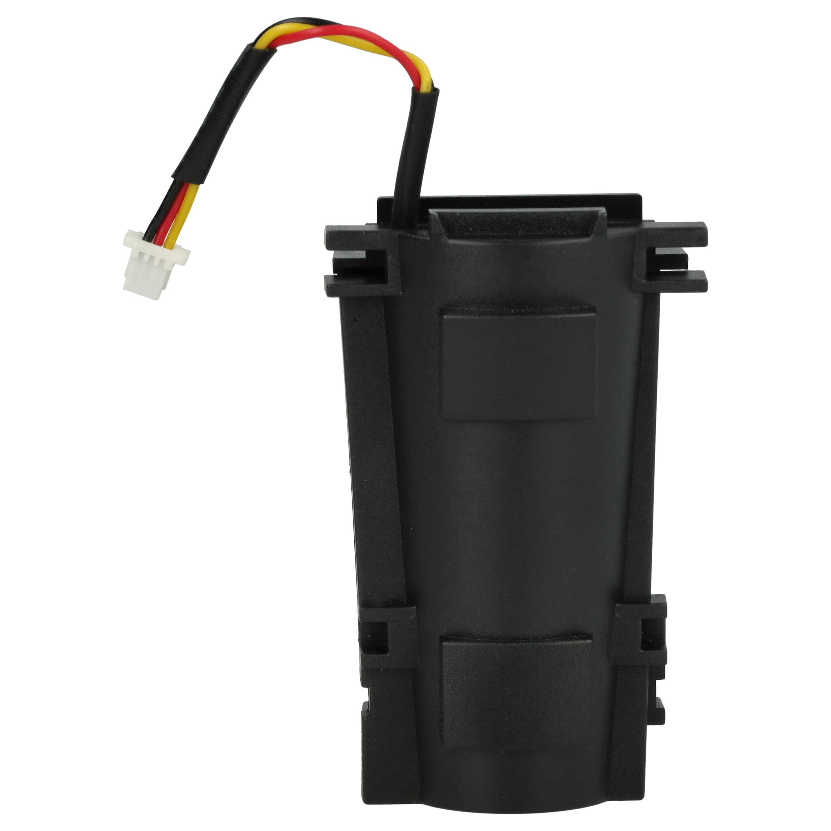 Schwarze rechteckige Kunststoffkomponente mit Stecker und Drähten in Gelb, Rot und Schwarz. Weißer Hintergrund.