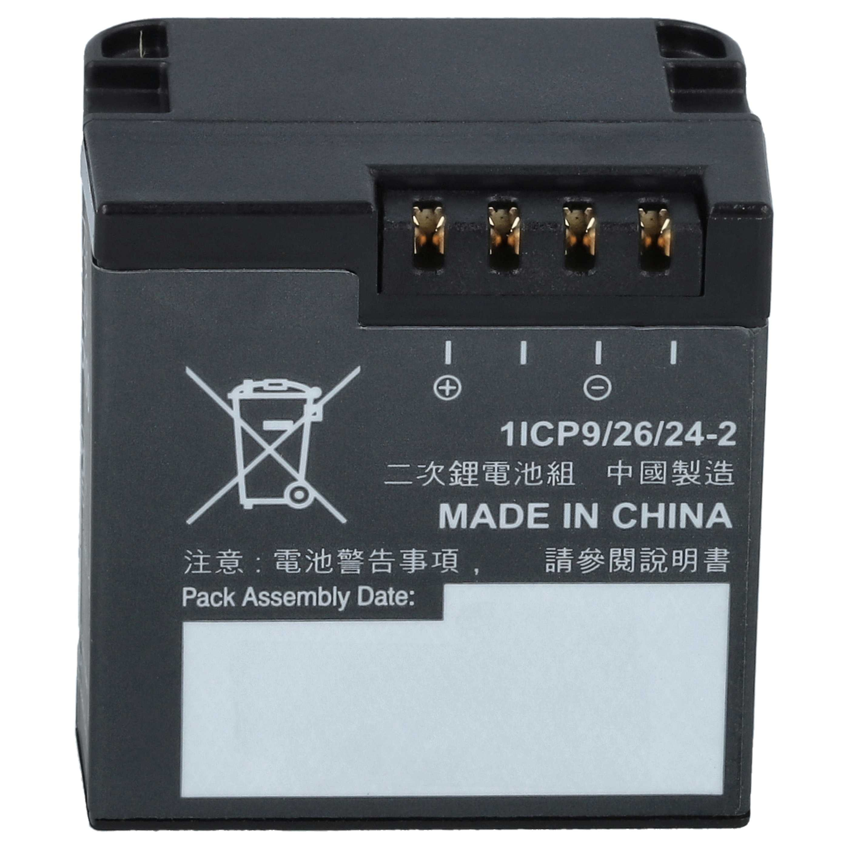 Ein schwarzer Akku mit goldenen Anschlüssen. Er hat Text auf Englisch und Chinesisch, mit einem durchgestrichenen Mülleimersymbol.