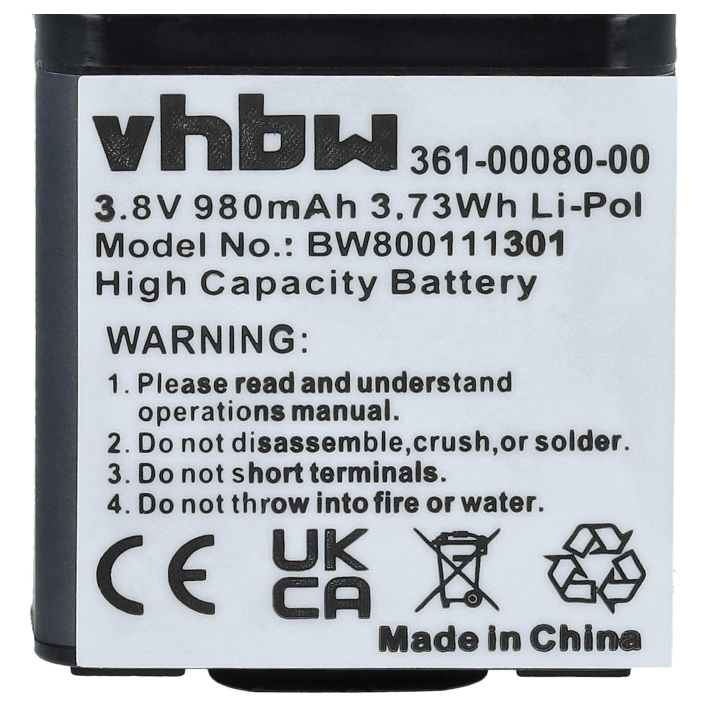 Schwarzer Akku mit weißem Etikett, Text enthält 'vhbw', '3,8V', 'High Capacity Battery' und Warnhinweise. Hergestellt in China.
