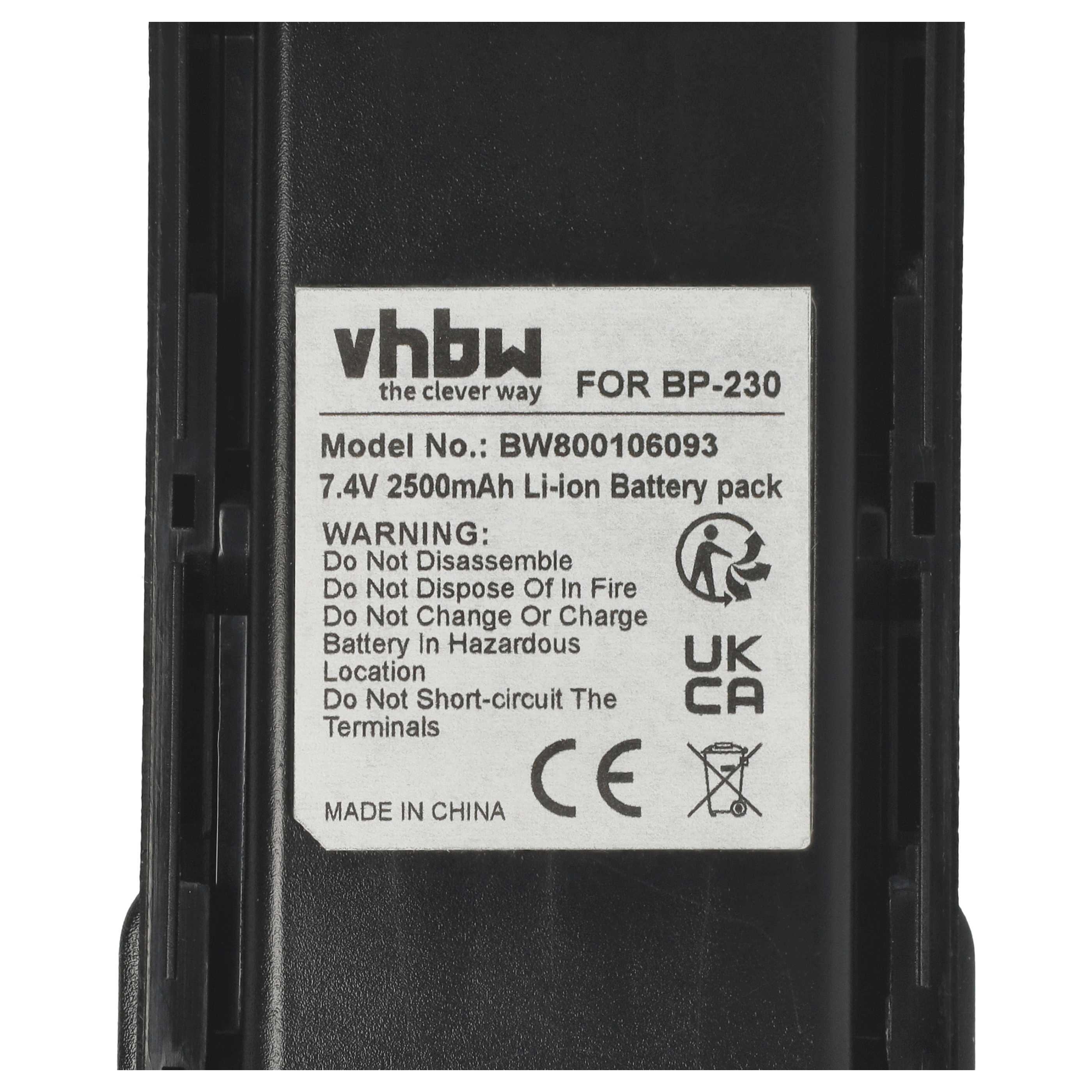 Ein schwarzes Akkupack mit einem weißen Etikett mit Text und Symbolen. Es steht 'vhbw', '7.4V 2500mAh Li-ion Battery pack'.