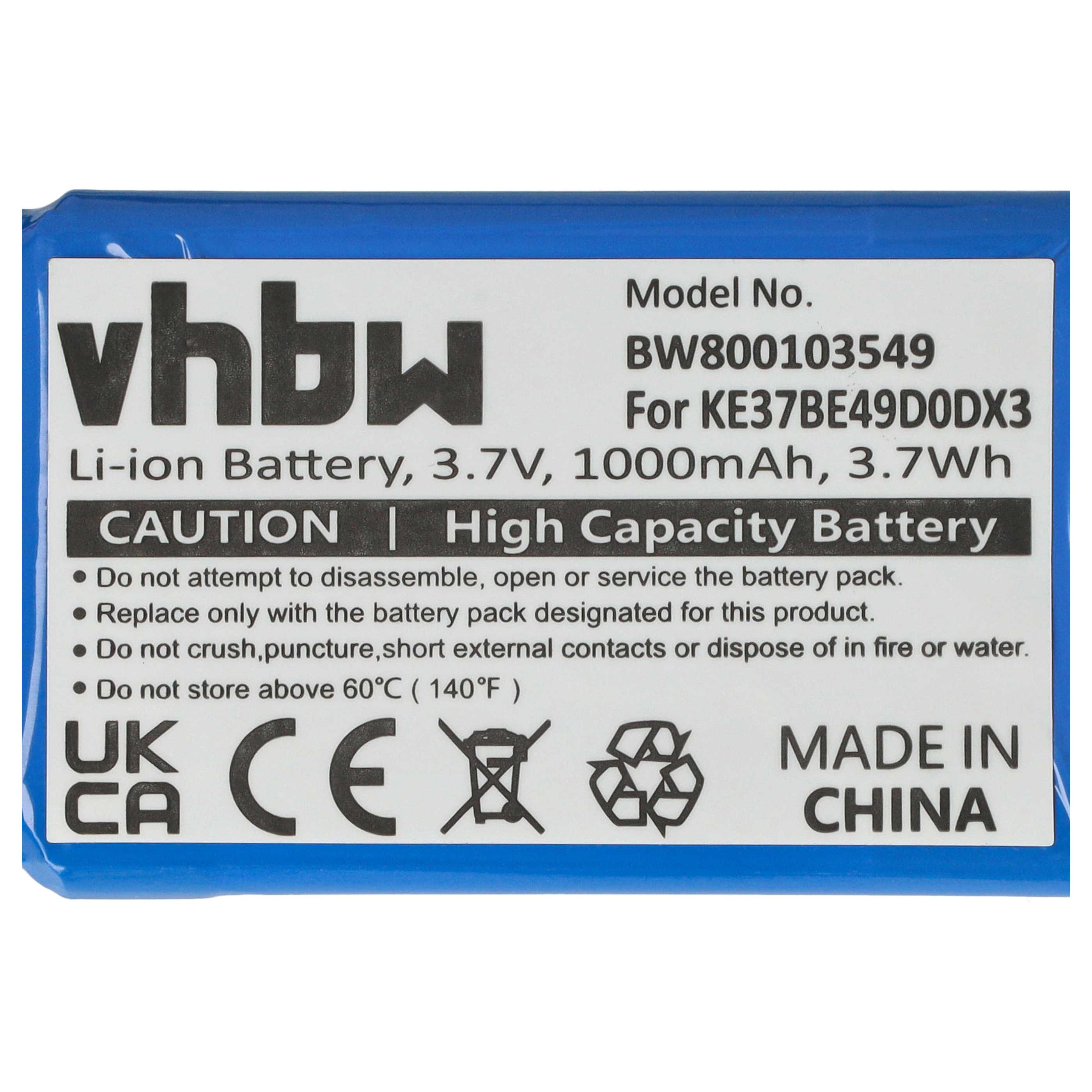 Ein Batterieetikett mit englischem Text. Es enthält Warnungen, Modellnummer und den Text Made in China.