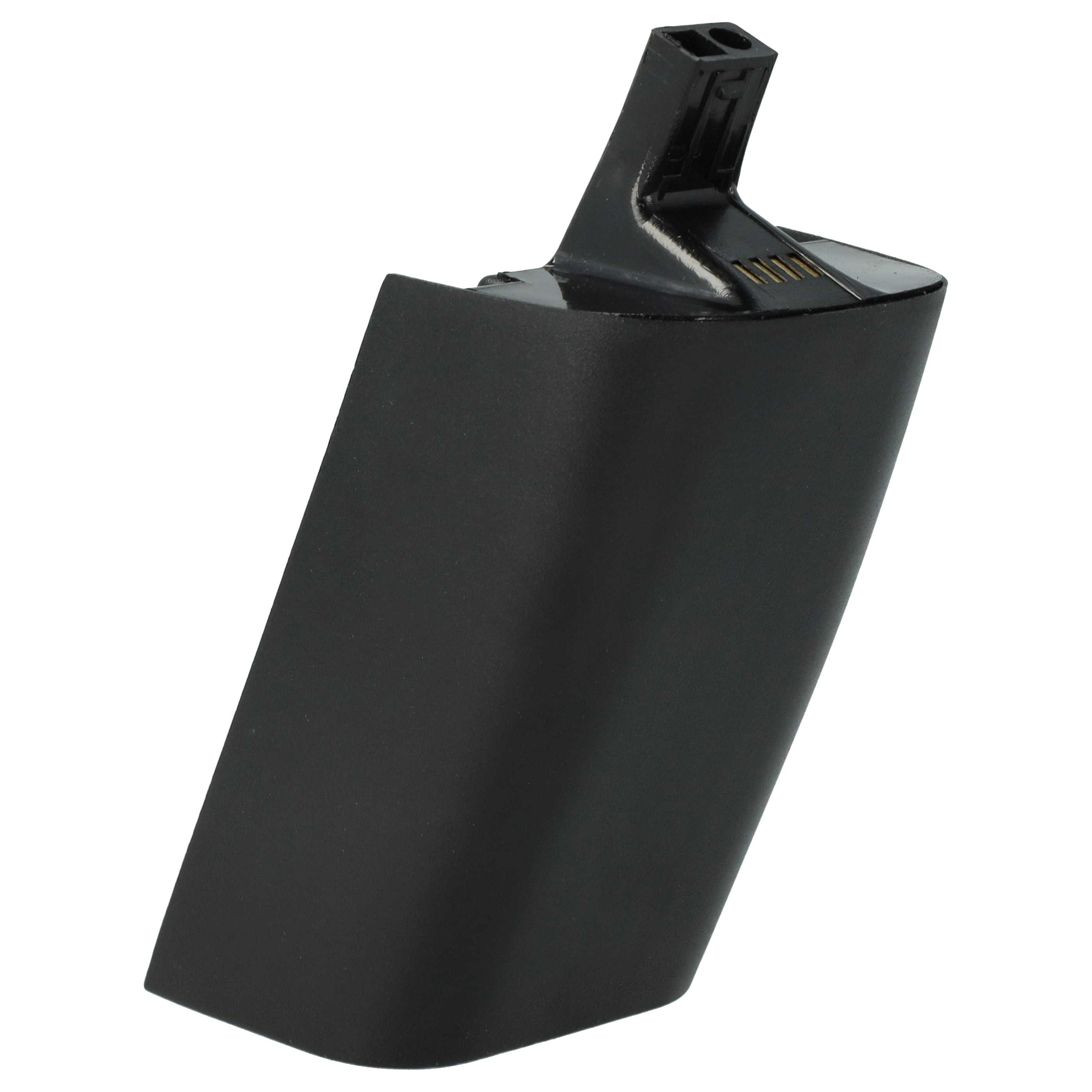 Schwarzer Akku mit Stecker oben. Der Akku ist abgewinkelt und hat eine glatte, matte Oberfläche.
