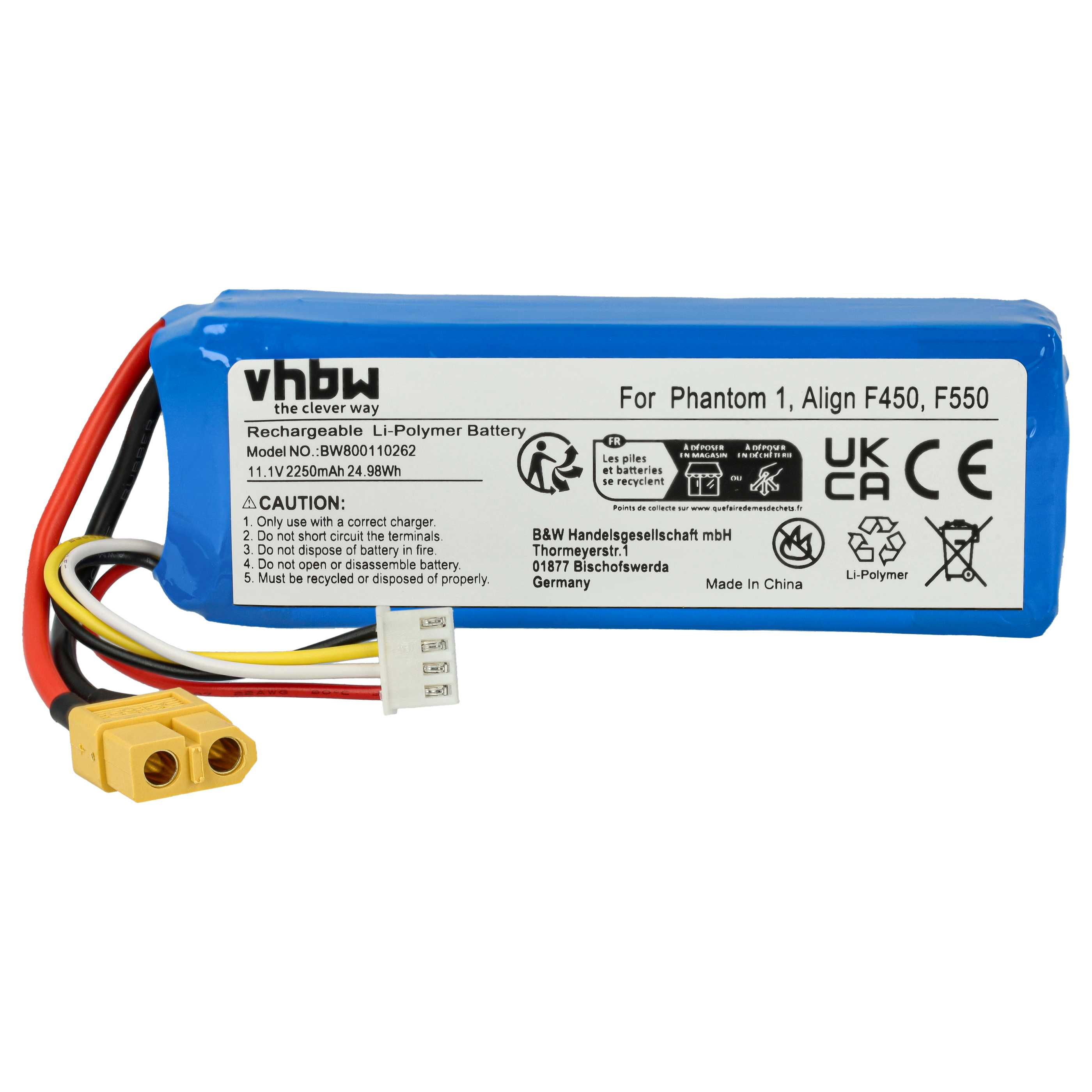 Blaue, wiederaufladbare Li-Polymer-Batterie mit gelbem Stecker und rot/schwarzen Drähten. Der Text enthält Warnhinweise und Recycling-Symbole.