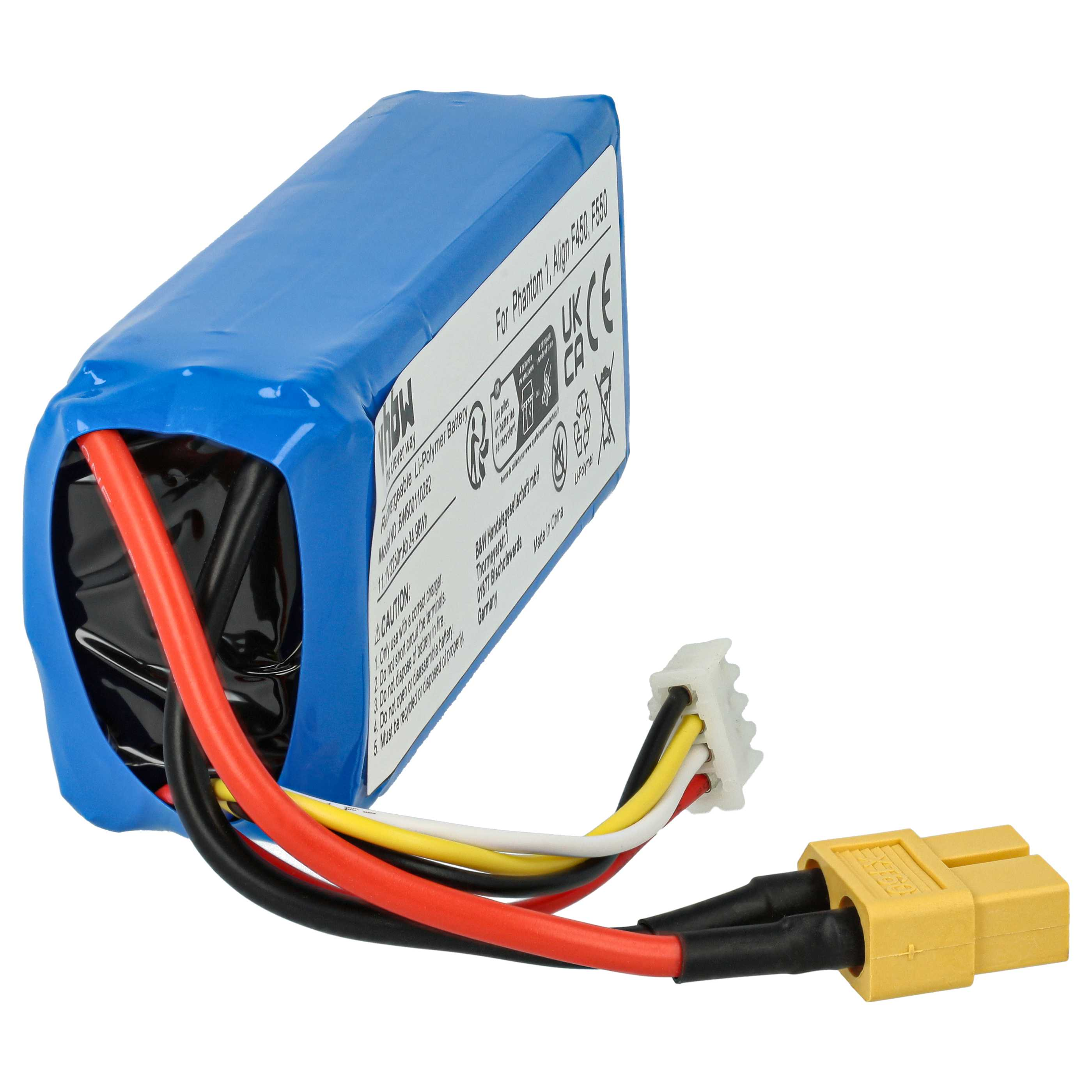Ein blaues Batterypack mit roten, schwarzen, gelben und weißen Drähten. Ein weißer Stecker und ein gelber Stecker sind sichtbar.