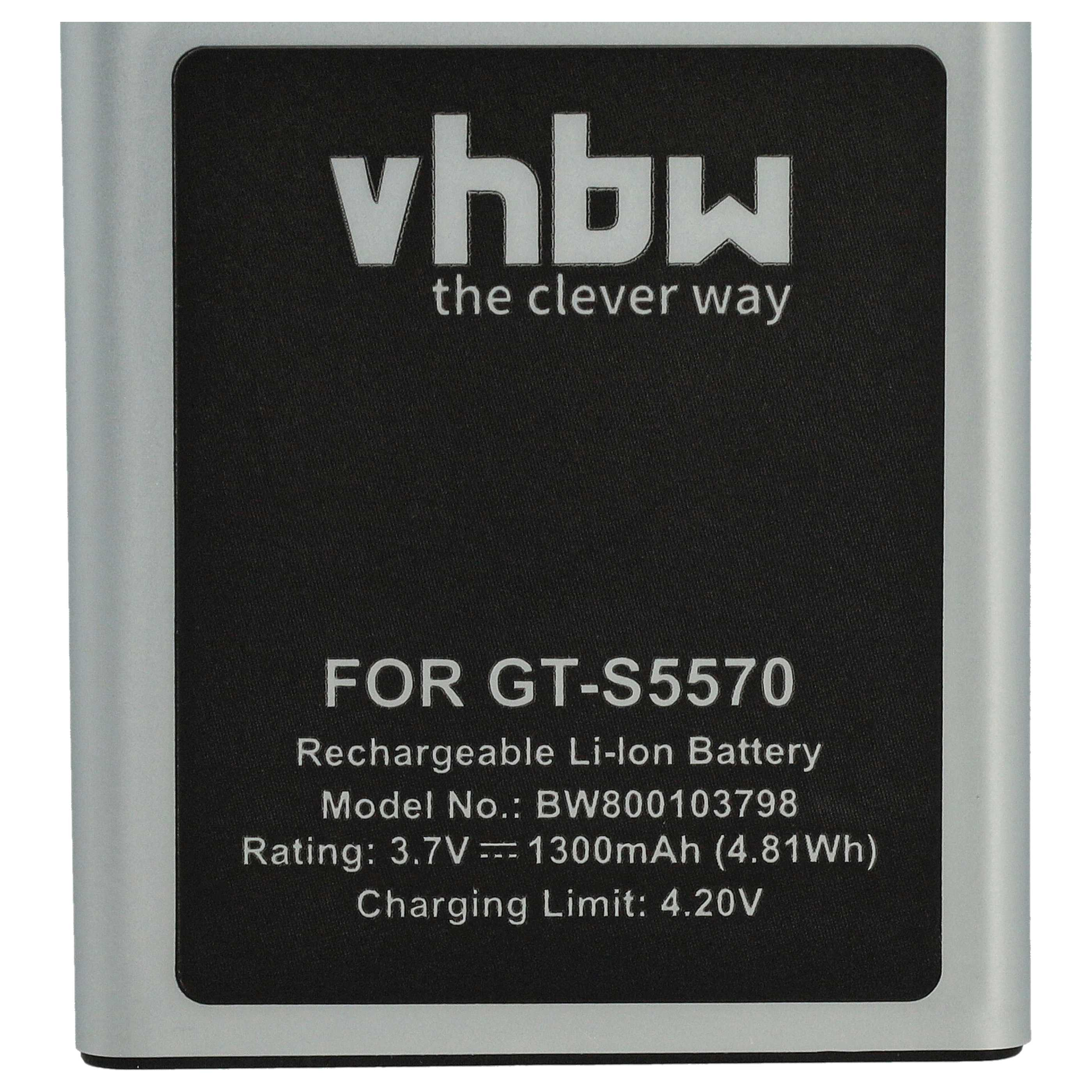 Ein Akku mit dem vhbw-Logo. Auf ihm steht: FÜR GT-S5570, Wiederaufladbarer Li-Ion-Akku und technische Details.