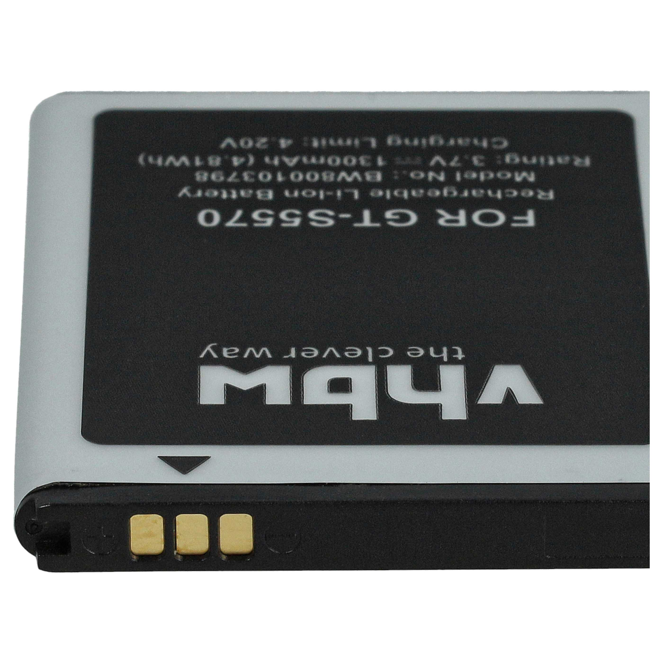 Ein schwarzer und silberner Telefonakku. Text enthält: GT-S5570, 3,7 V, 1300 mAh und vhbw.