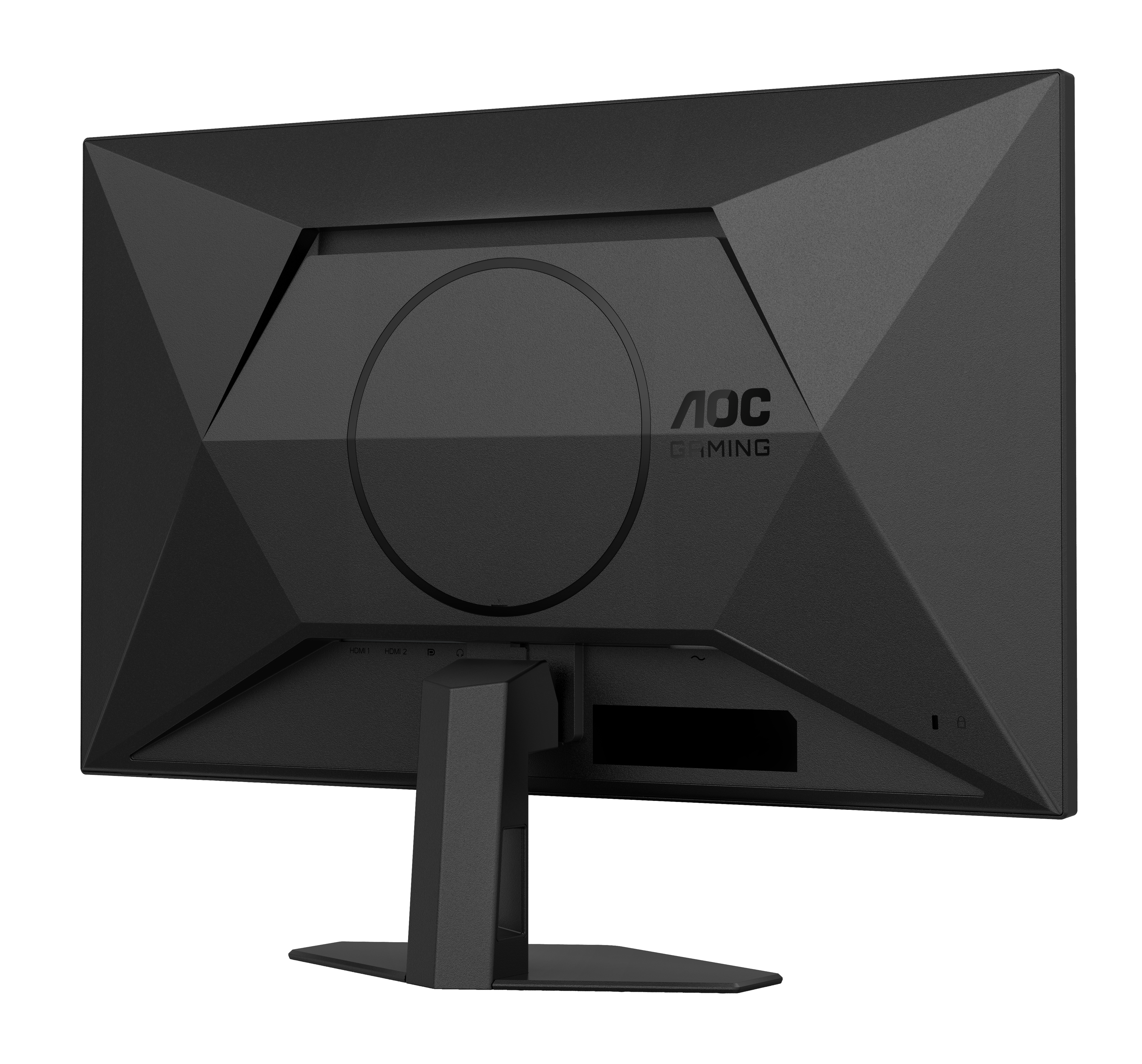 Tył czarnego monitora gamingowego AOC, z portami HDMI, podstawą i teksturowaną powierzchnią. Widoczne logo AOC.