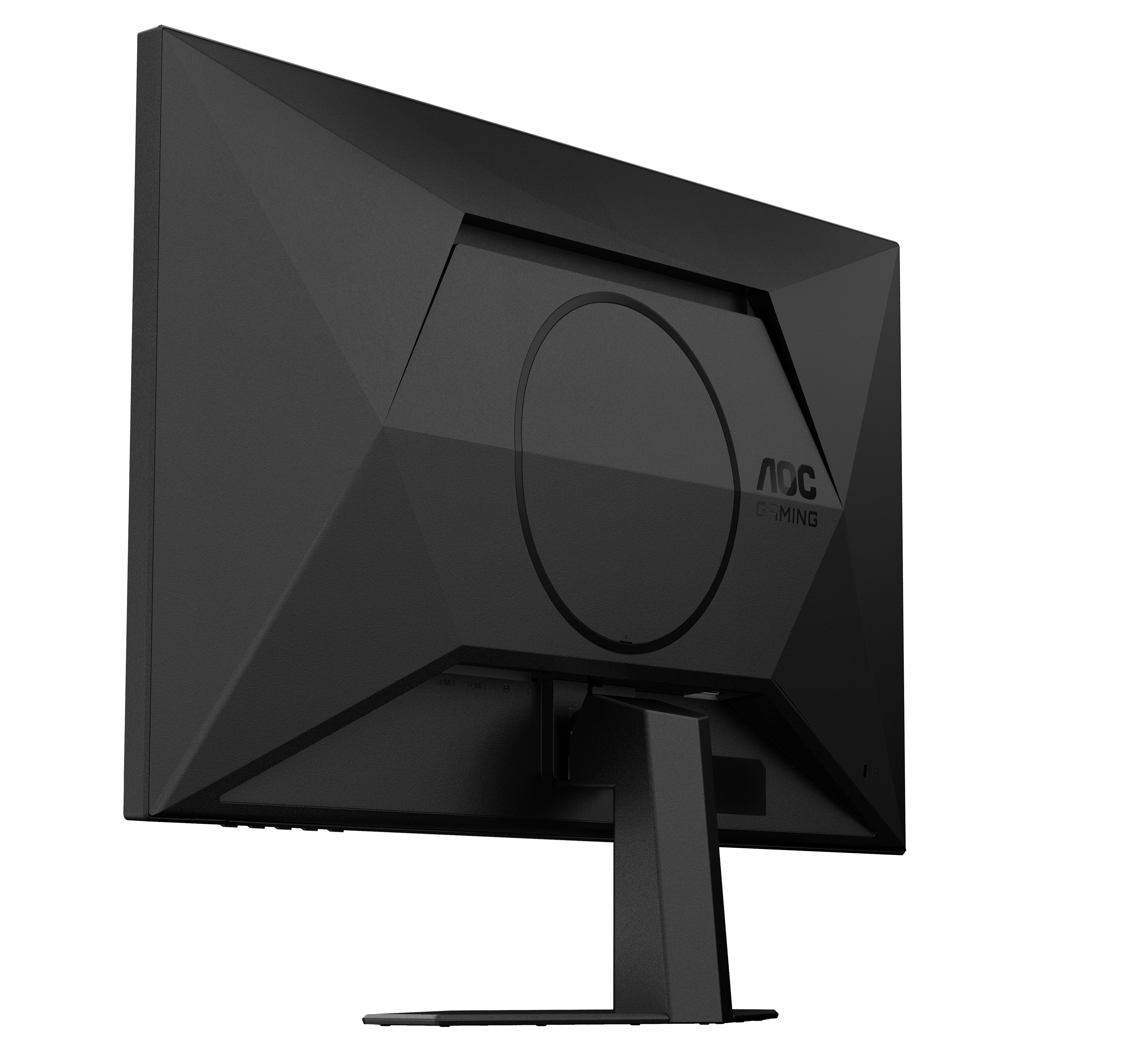 Widok z tyłu czarnego monitora do gier AOC. Posiada logo AOC Gaming i podstawkę. Tło jest białe.