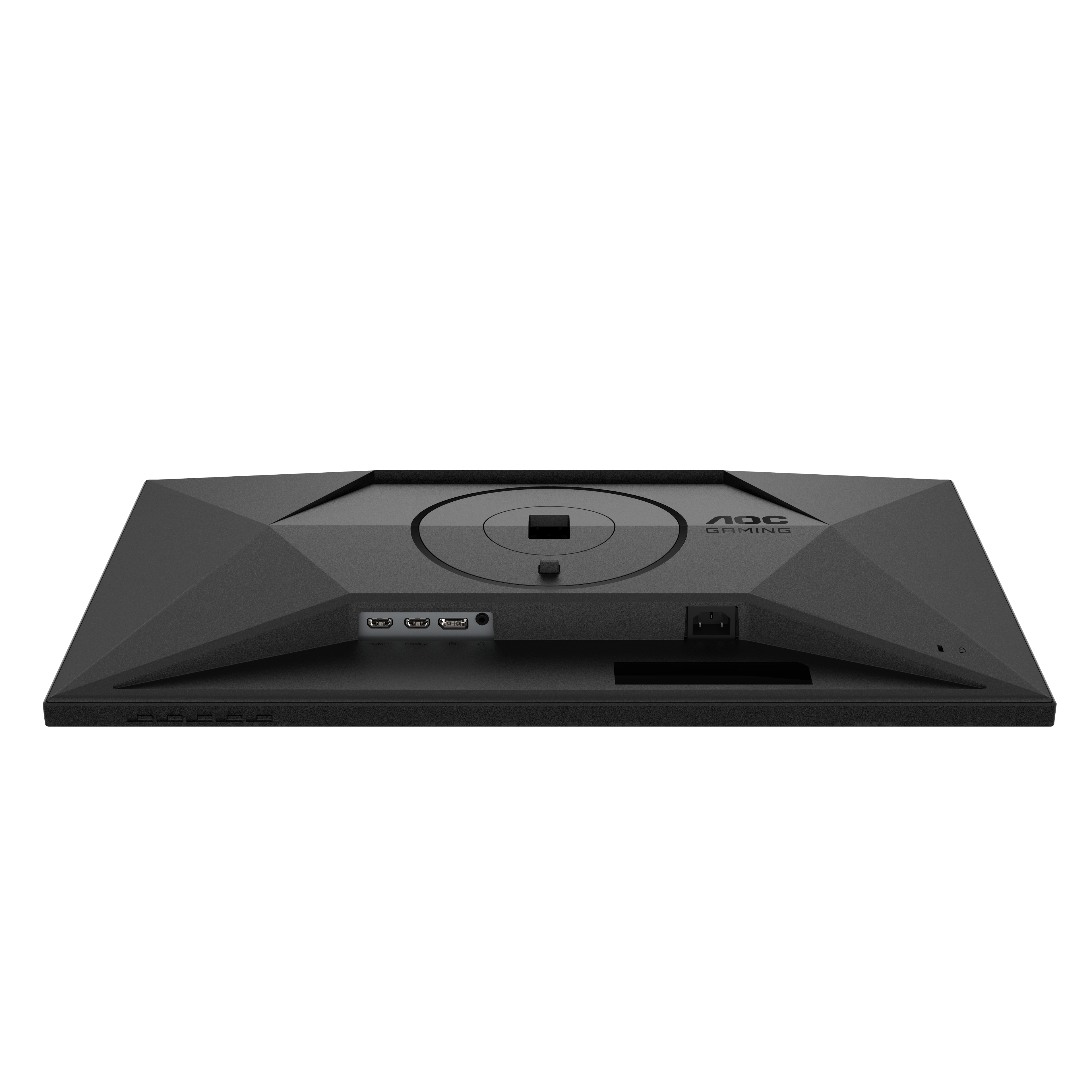 Parte trasera del monitor gaming AOC negro. Puertos: HDMI, USB y alimentación. Marca y logo visibles.