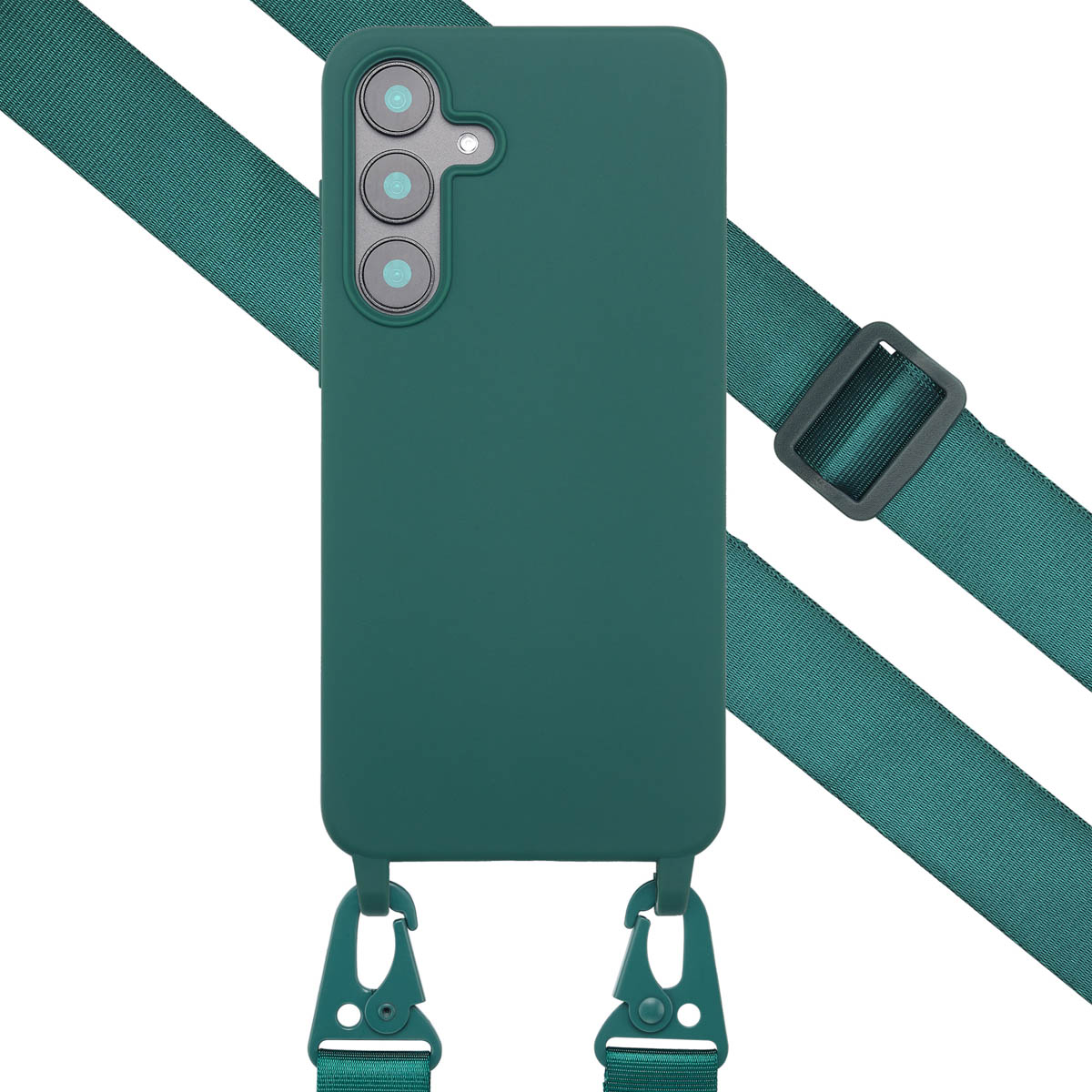 Een groene telefoonhoes met een riem, drie cameralenzen en een verstelbare clip op de riem.