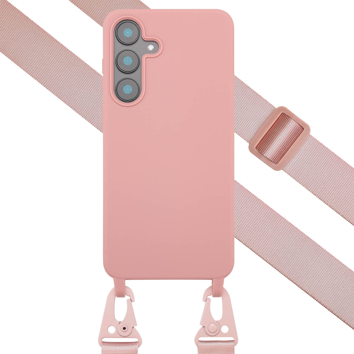 Roze telefoonhoesje met band. Hoesje heeft drie camera's en band met clips. Witte achtergrond.