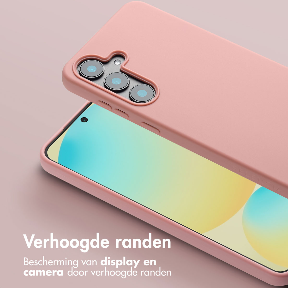 Een roze telefoonhoesje beschermt een telefoon. De hoes zit op een roze achtergrond. Het telefoonscherm is zichtbaar met een kleurverloop.