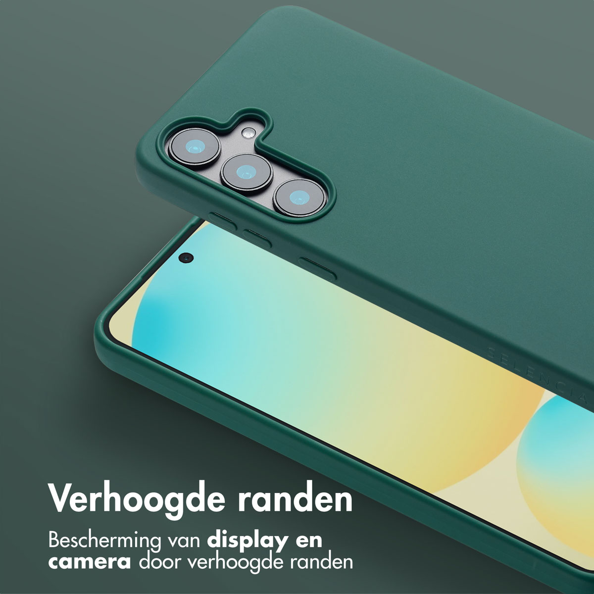 Groene telefoonhoes met verhoogde randen, beschermt het scherm en de camera. Het scherm toont een lichtgele en groene gradiënt.