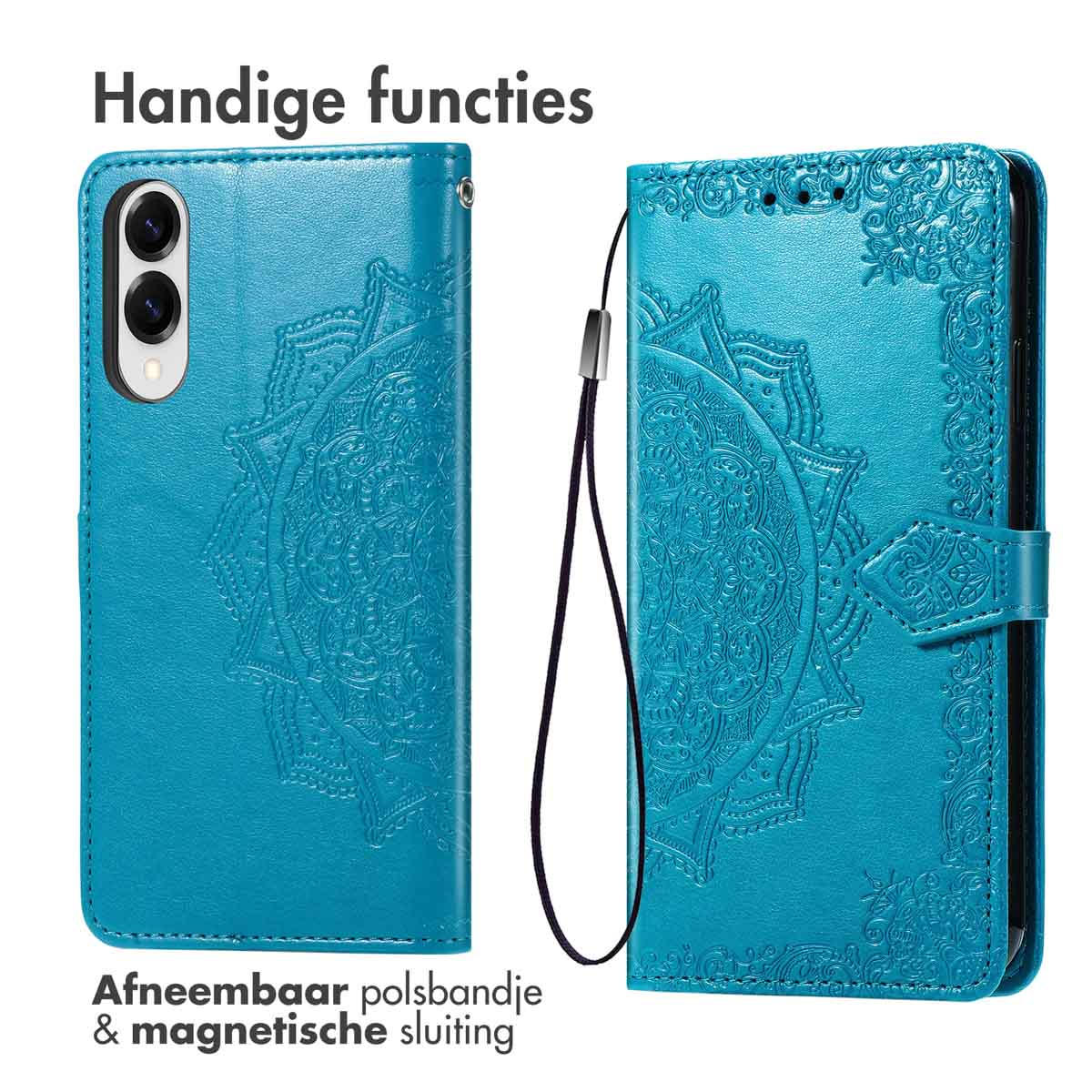 Custodia blu per telefono con design mandala. Dotata di cinturino da polso rimovibile e chiusura magnetica. Testo in alto e in basso.