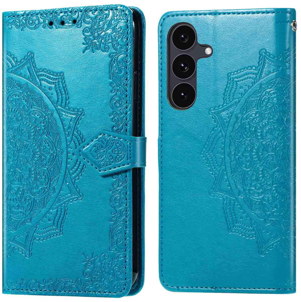 Turquoise telefoonhoesje met een reliëf mandala-ontwerp. Voorzien van een sluiting en een gedeelte met zichtbare telefooncameras.
