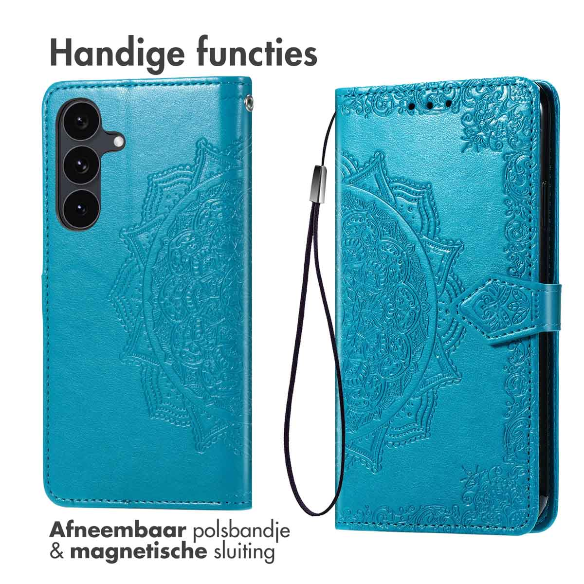 Turkooizen telefoonhoesje, open. Kenmerken zijn een polsbandje, magnetische sluiting en een bloemmotief. De tekst luidt 'Handige functies'.