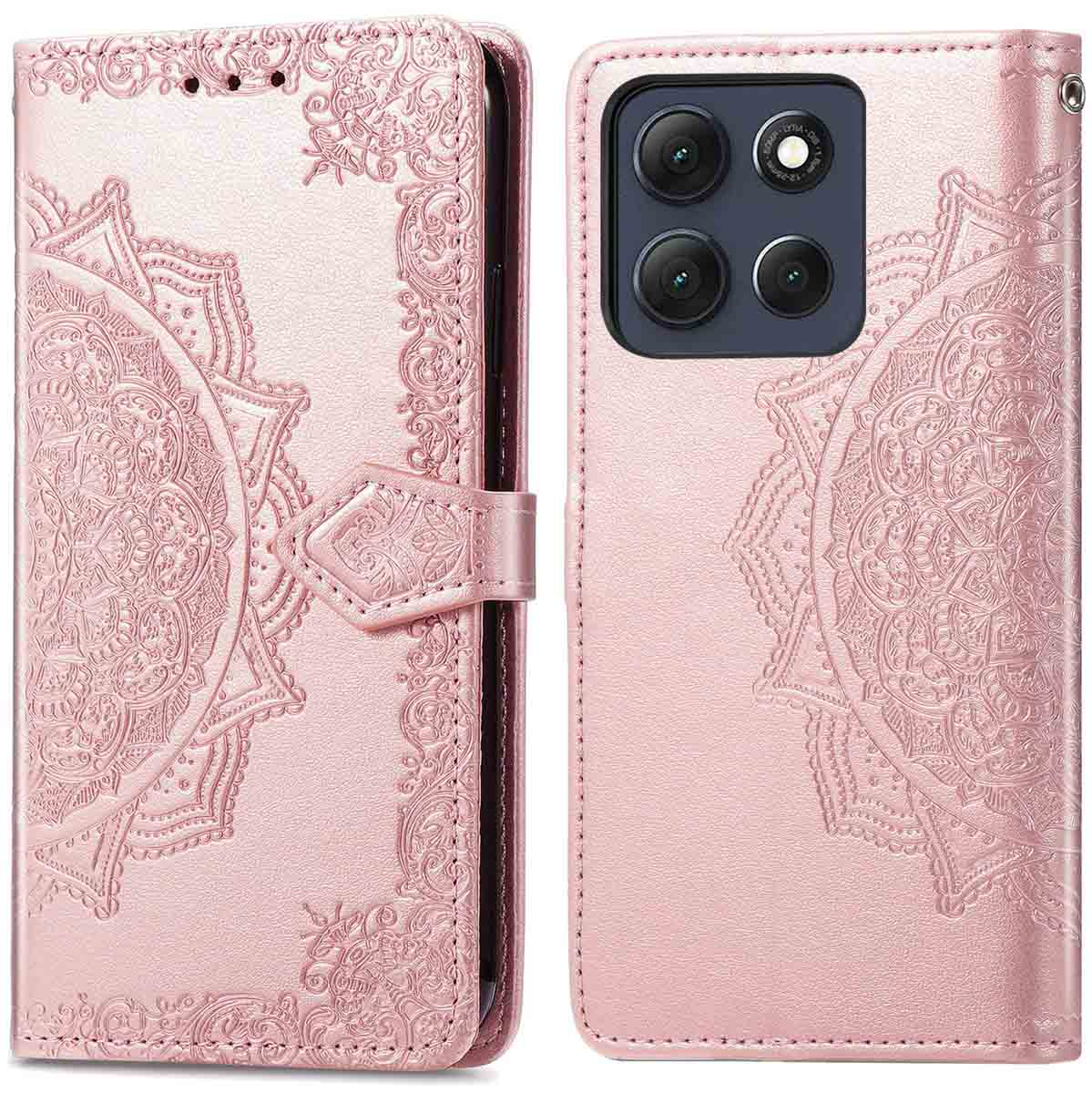 Étui de téléphone rose avec motif floral en relief. L'étui est ouvert, montrant un téléphone sur le côté droit. Fermeture magnétique.