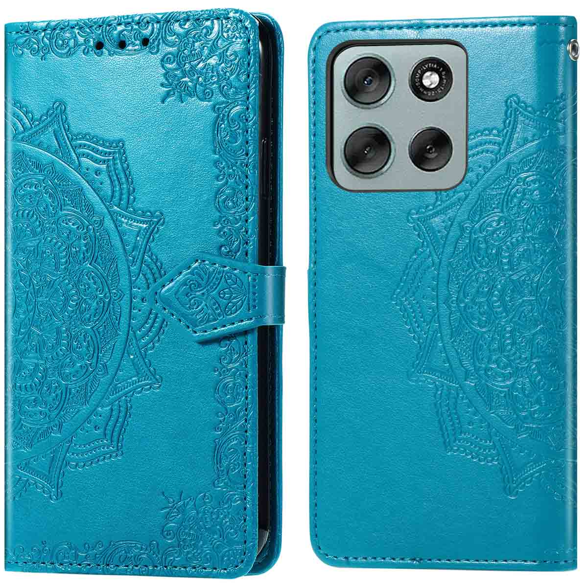 Un étui de téléphone bleu turquoise avec un motif mandala. L'étui est ouvert, révélant un téléphone. Il y a plusieurs lentilles de caméra à l'arrière.