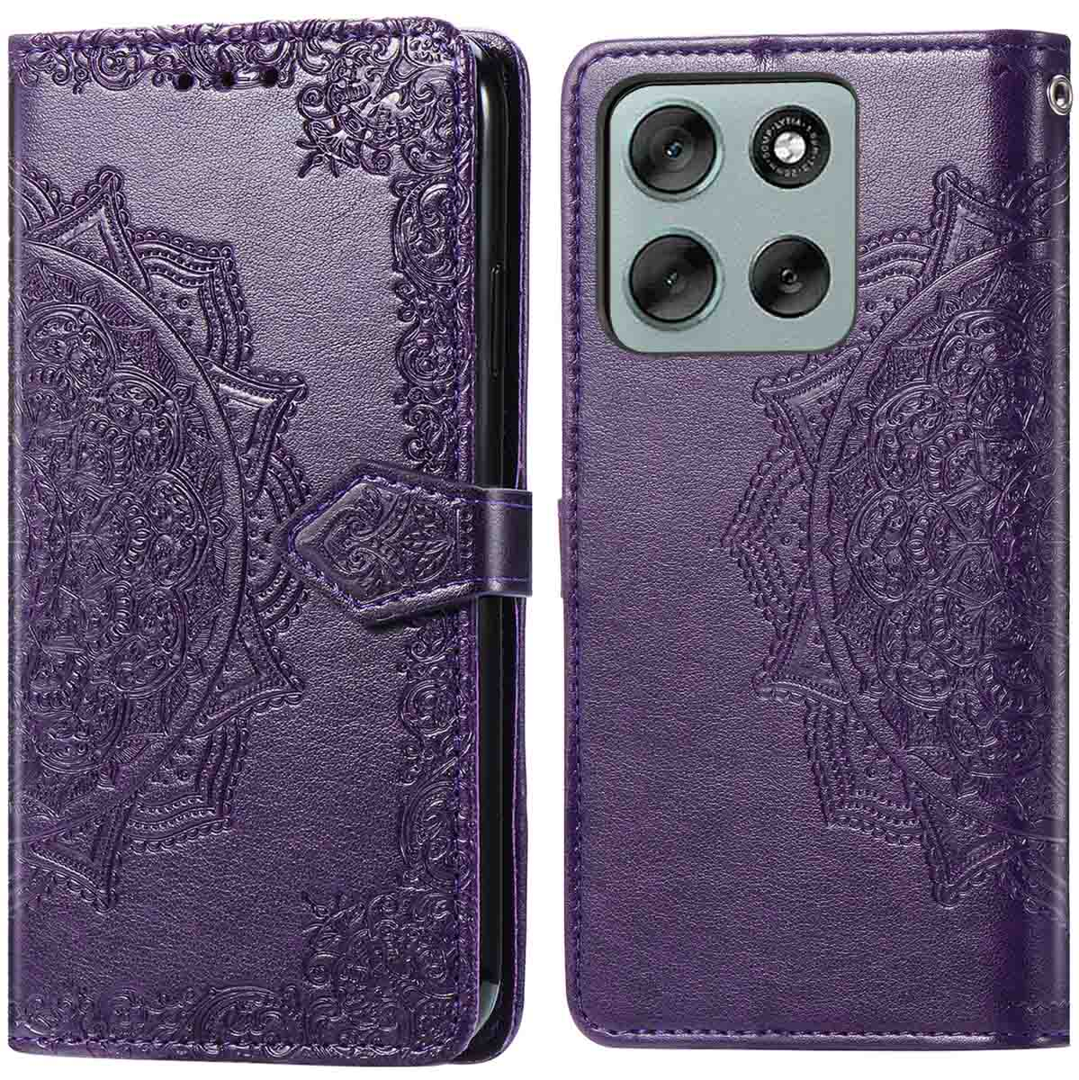 Étui de téléphone violet. Côté gauche fermé, côté droit ouvert, avec motif mandala. Comprend un fermoir et une découpe caméra.