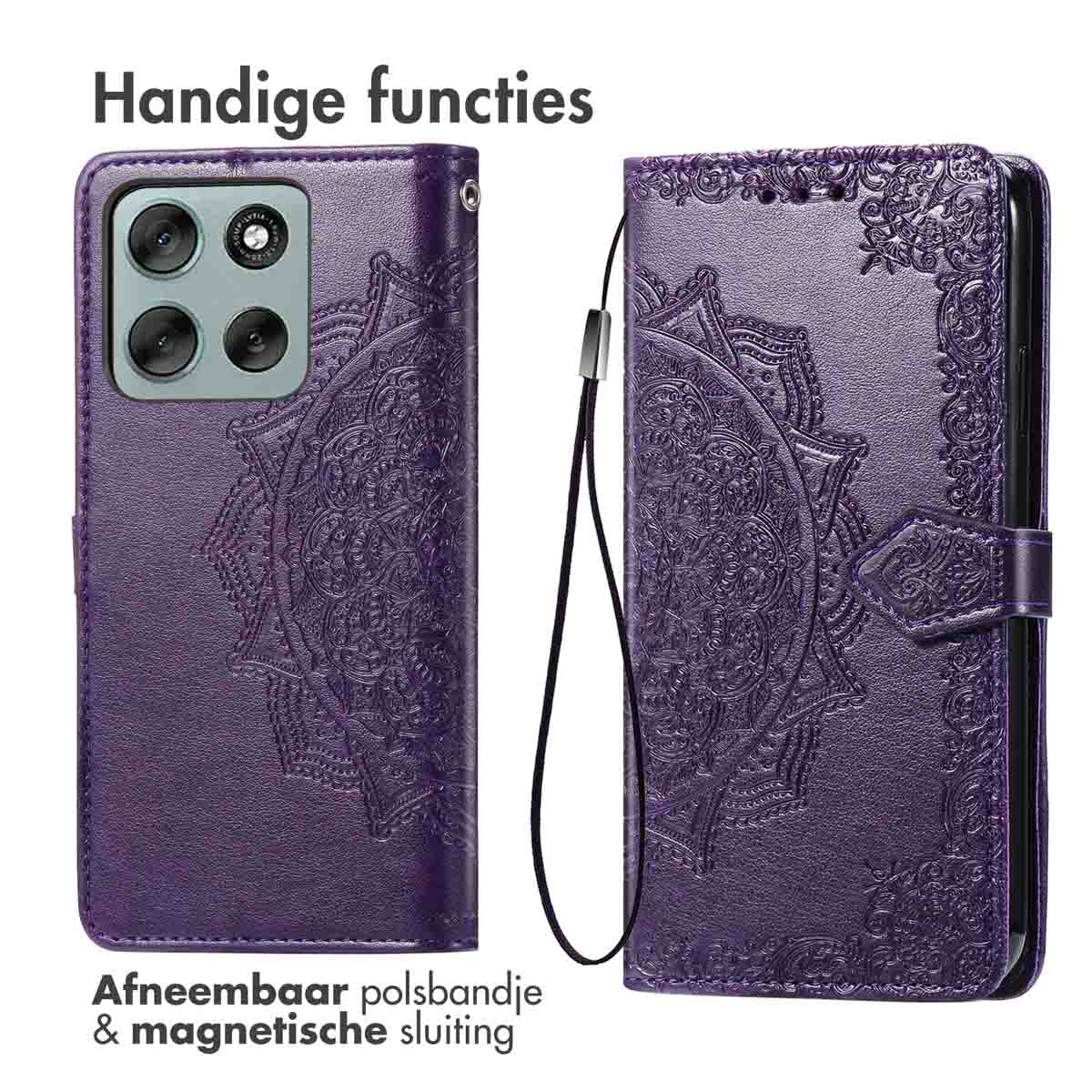 Étui de téléphone violet avec motif mandala. Comprend une dragonne amovible et une fermeture magnétique. Texte : 'Handige functies'.