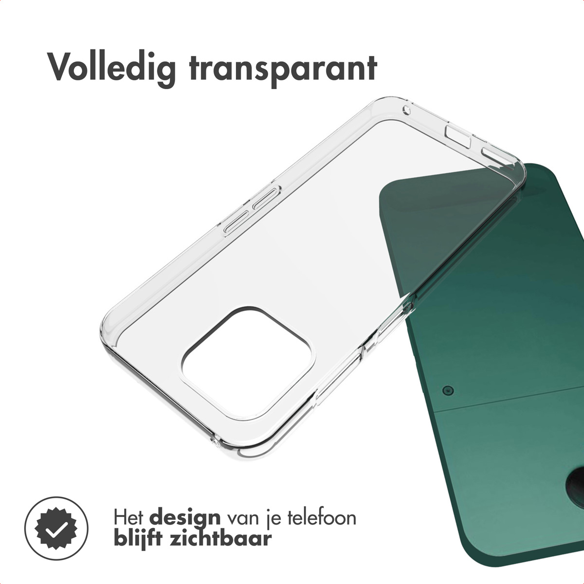 Una custodia trasparente per telefono è posizionata sopra un telefono verde. Il testo in alto dice 'Totalmente trasparente', il testo in basso 'Il design del tuo telefono rimane visibile'.