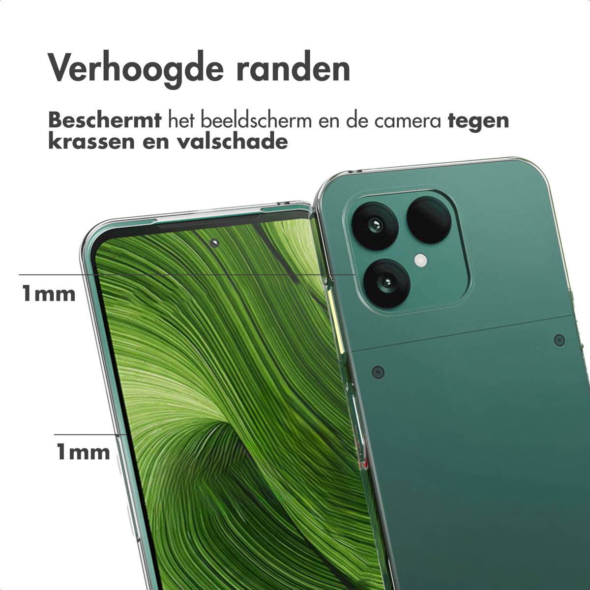 Custodia verde per telefono con bordi rialzati. Protegge schermo e fotocamera da graffi e danni. Distanza di 1 mm mostrata.