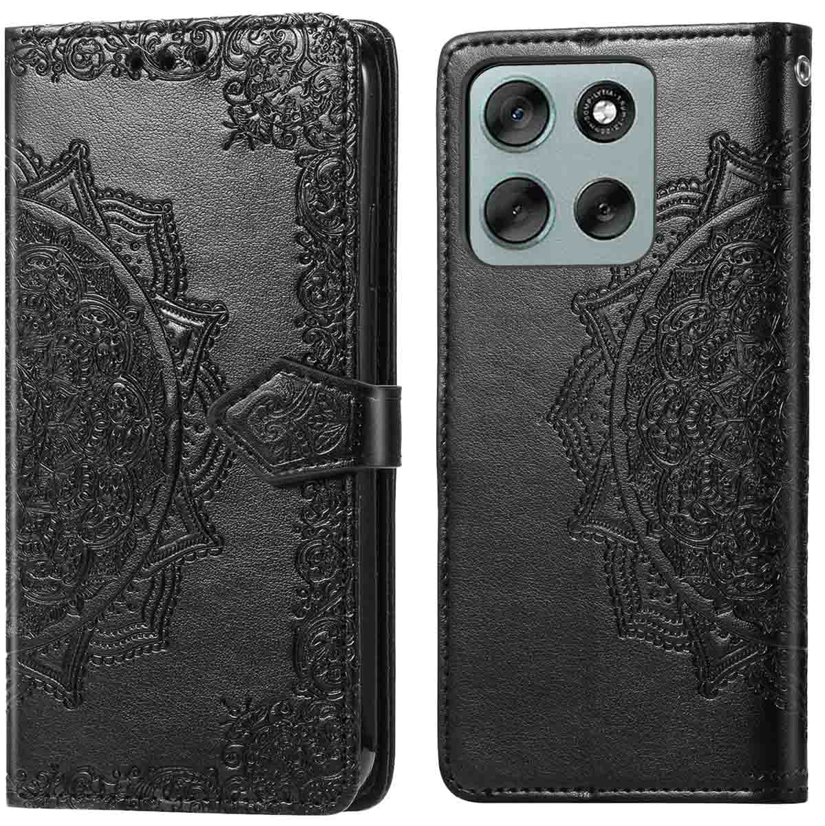 Étui de téléphone noir avec motif mandala en relief. Le côté gauche est un portefeuille, le côté droit contient un téléphone avec des caméras.