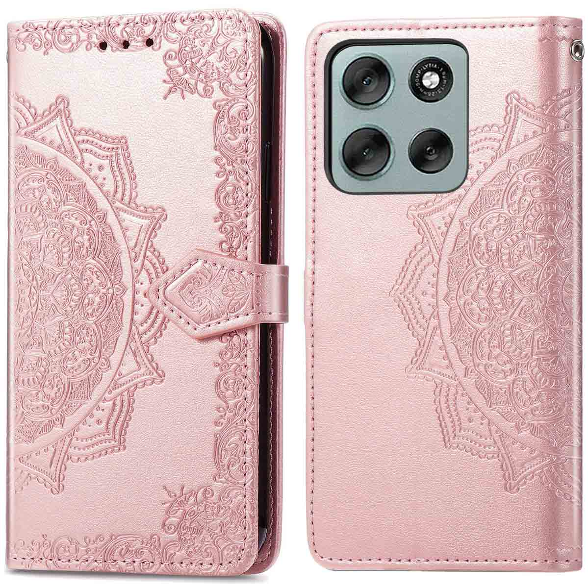 Étui de téléphone rose avec motif mandala, ouvert à gauche montrant un téléphone avec caméras et fermoir magnétique.