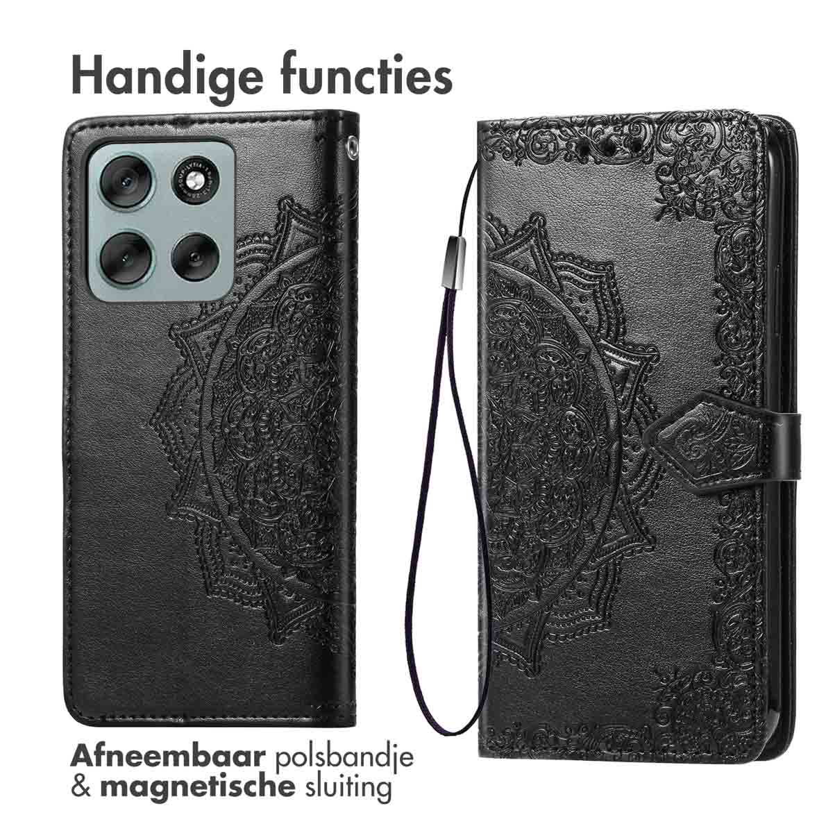 Étui de téléphone noir avec motif floral en relief et texte "Handige functies". Dispose d'une dragonne amovible et d'une fermeture magnétique.