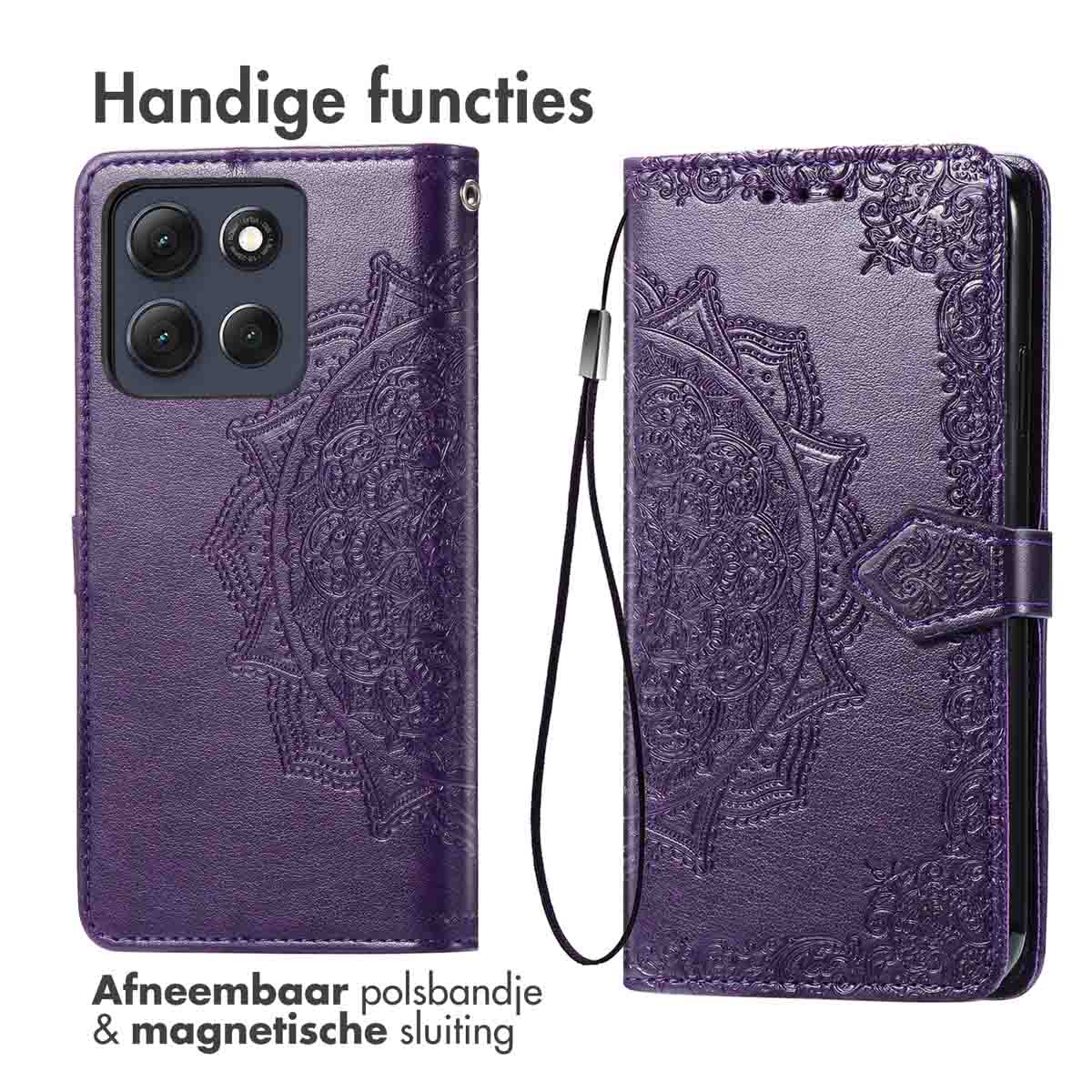 Étui de téléphone violet avec motif mandala. Comprend une dragonne amovible et une fermeture magnétique. Texte : Fonctions pratiques.