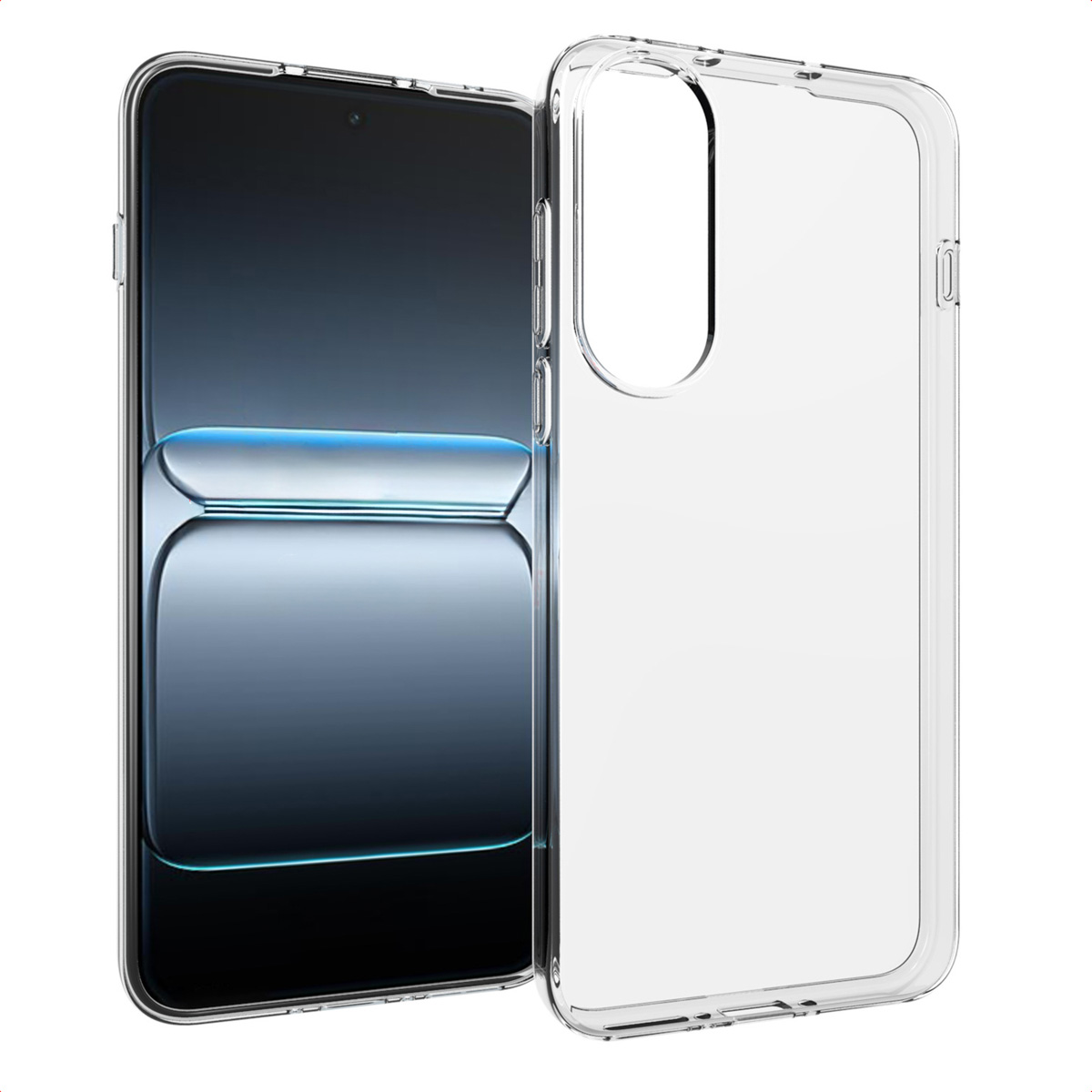 Een smartphone met een doorzichtige beschermhoes. De telefoon toont een donker verloop. De hoes is transparant. Witte achtergrond.