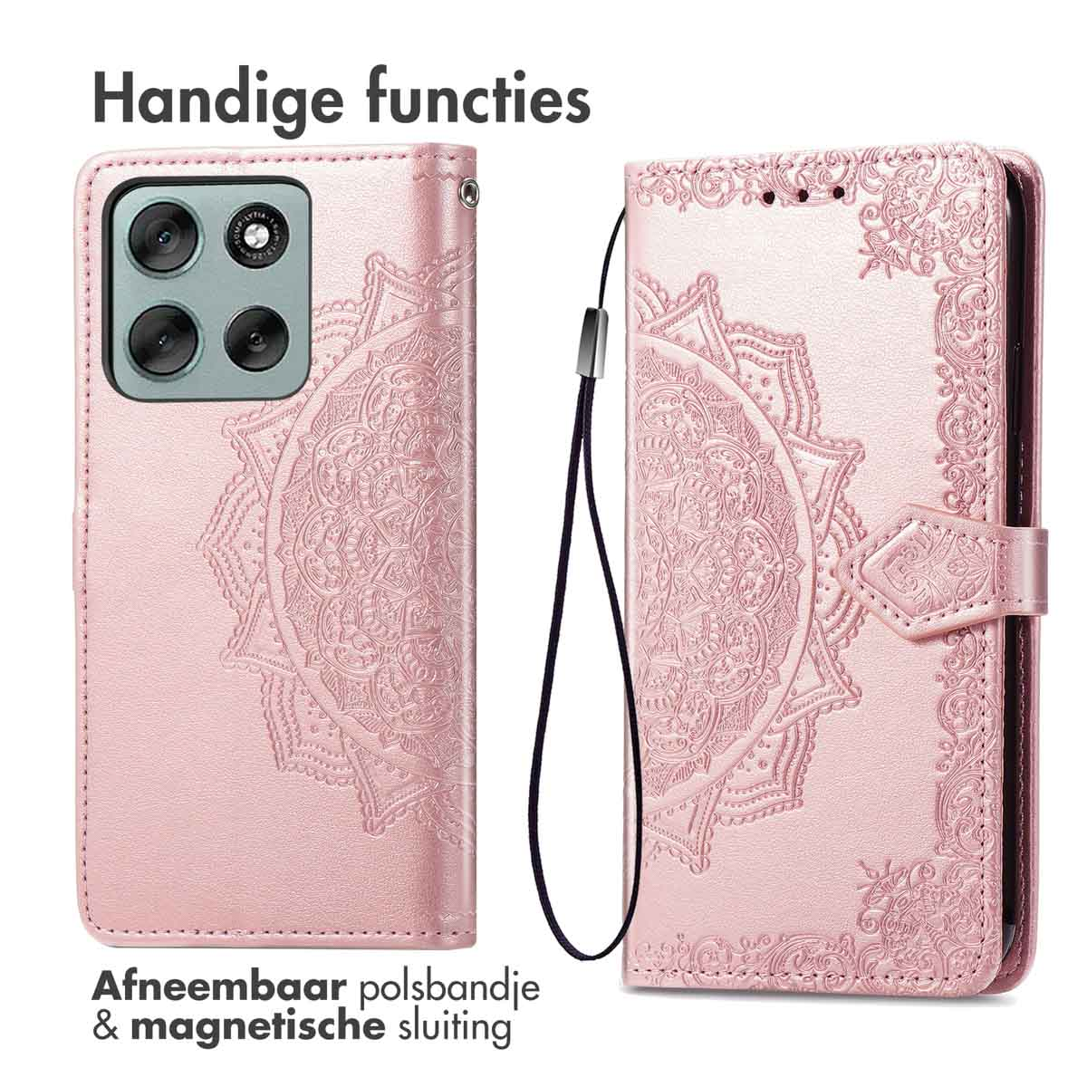 Coque de téléphone rose avec motif mandala. Avec dragonne amovible et fermeture magnétique. Texte en haut et en bas.
