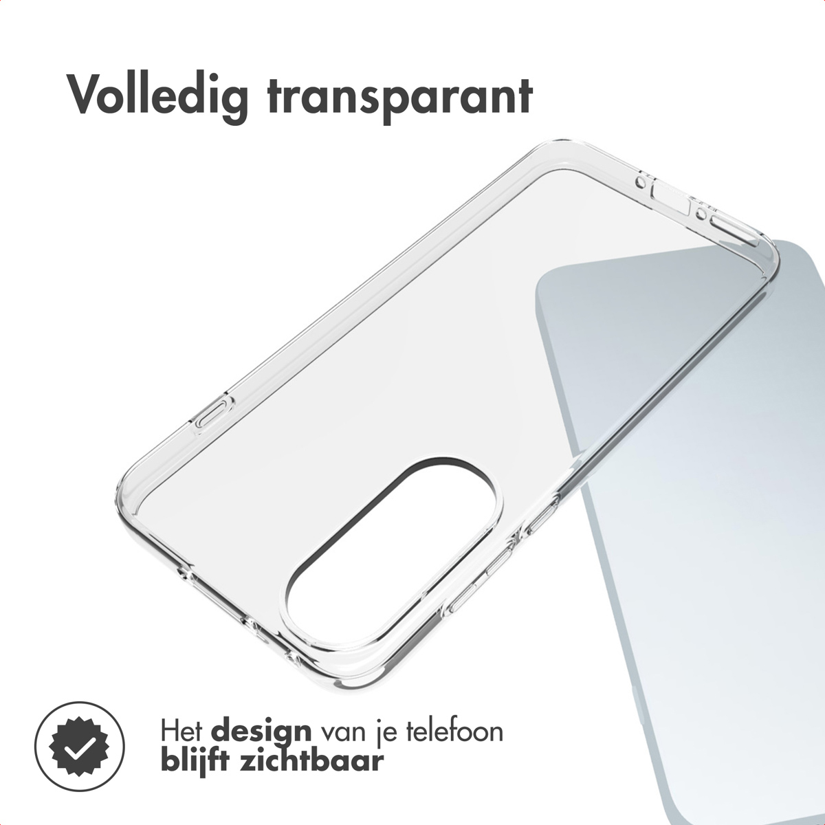 Een doorzichtige telefoonhoes wordt getoond. Tekst luidt 'Volledig transparant' en 'Het ontwerp van je telefoon blijft zichtbaar'.