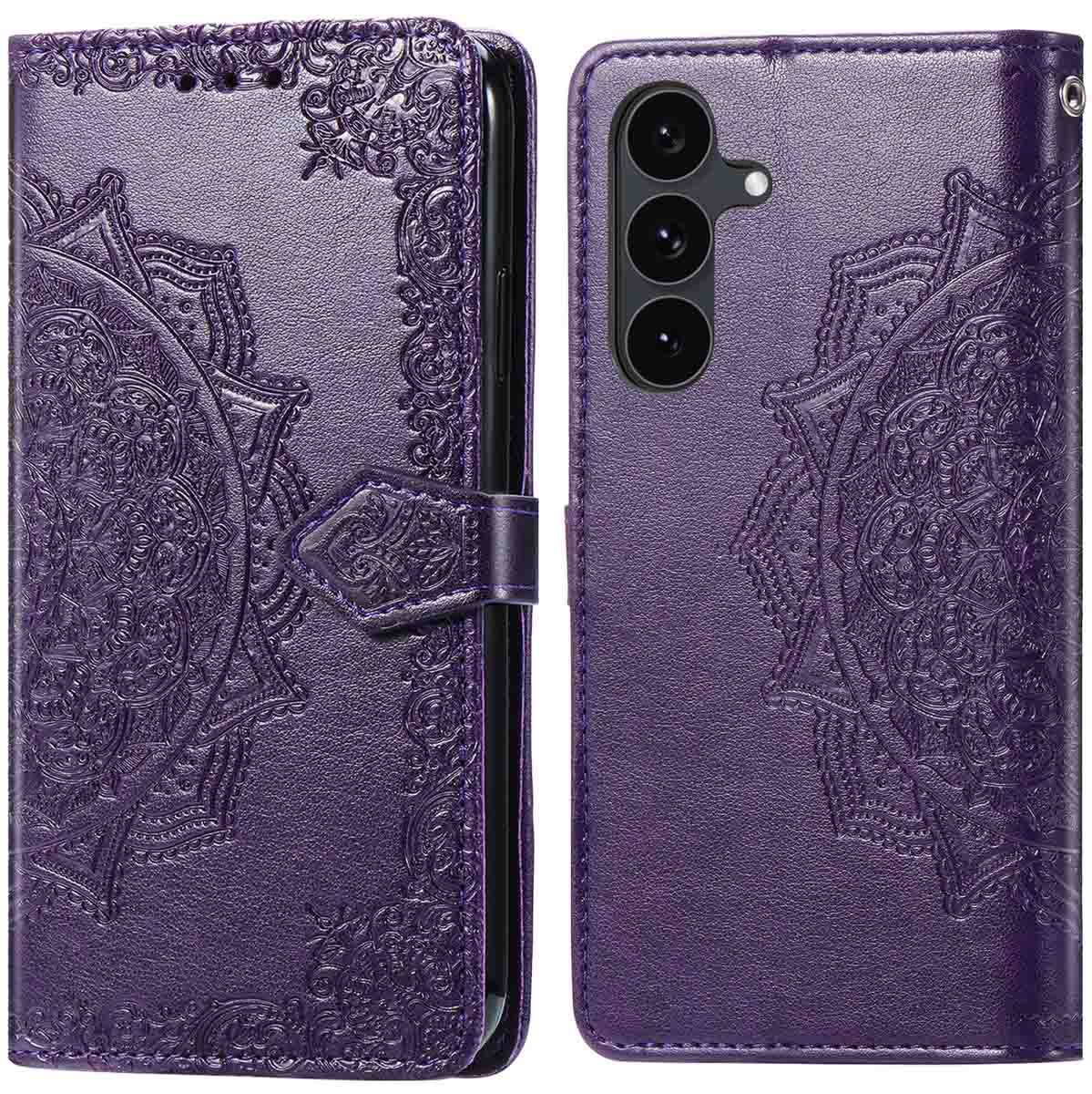 Étui de téléphone violet ouvert. Motif mandala complexe en relief. Fermoir magnétique. Caméra du téléphone visible à droite.