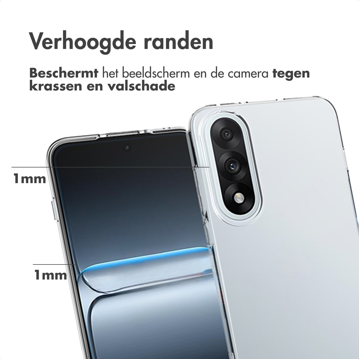 Een telefoon met een doorzichtige beschermhoes. De hoes heeft verhoogde randen om het scherm en de camera te beschermen tegen krassen en schade.