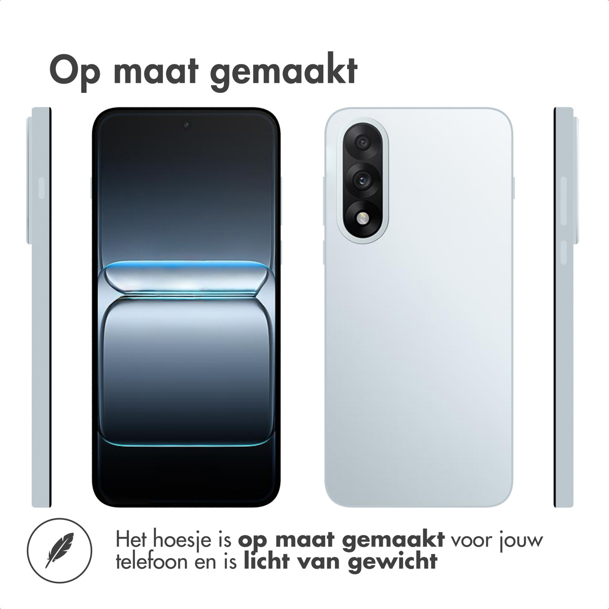 Afbeelding toont een telefoon en hoesje. Telefoonscherm is aan, hoesje is wit. Tekst zegt 'op maat gemaakt' en 'licht'.