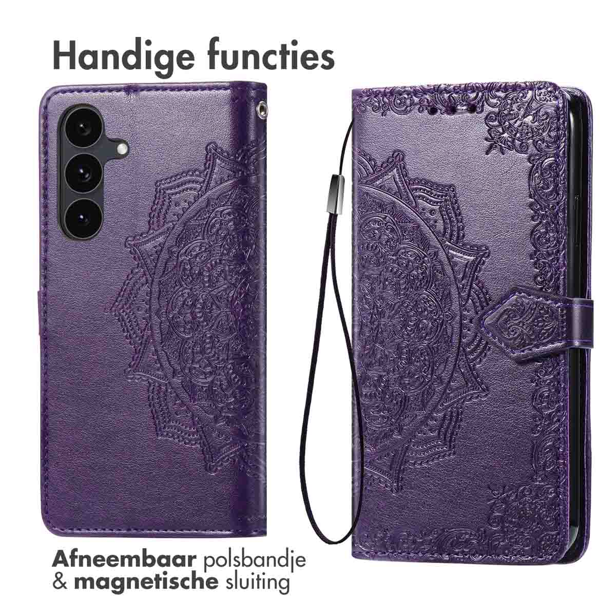 Étui de téléphone violet avec motif floral, dragonne détachable et fermeture magnétique. Texte : Fonctions pratiques, Dragonne détachable et fermeture magnétique.