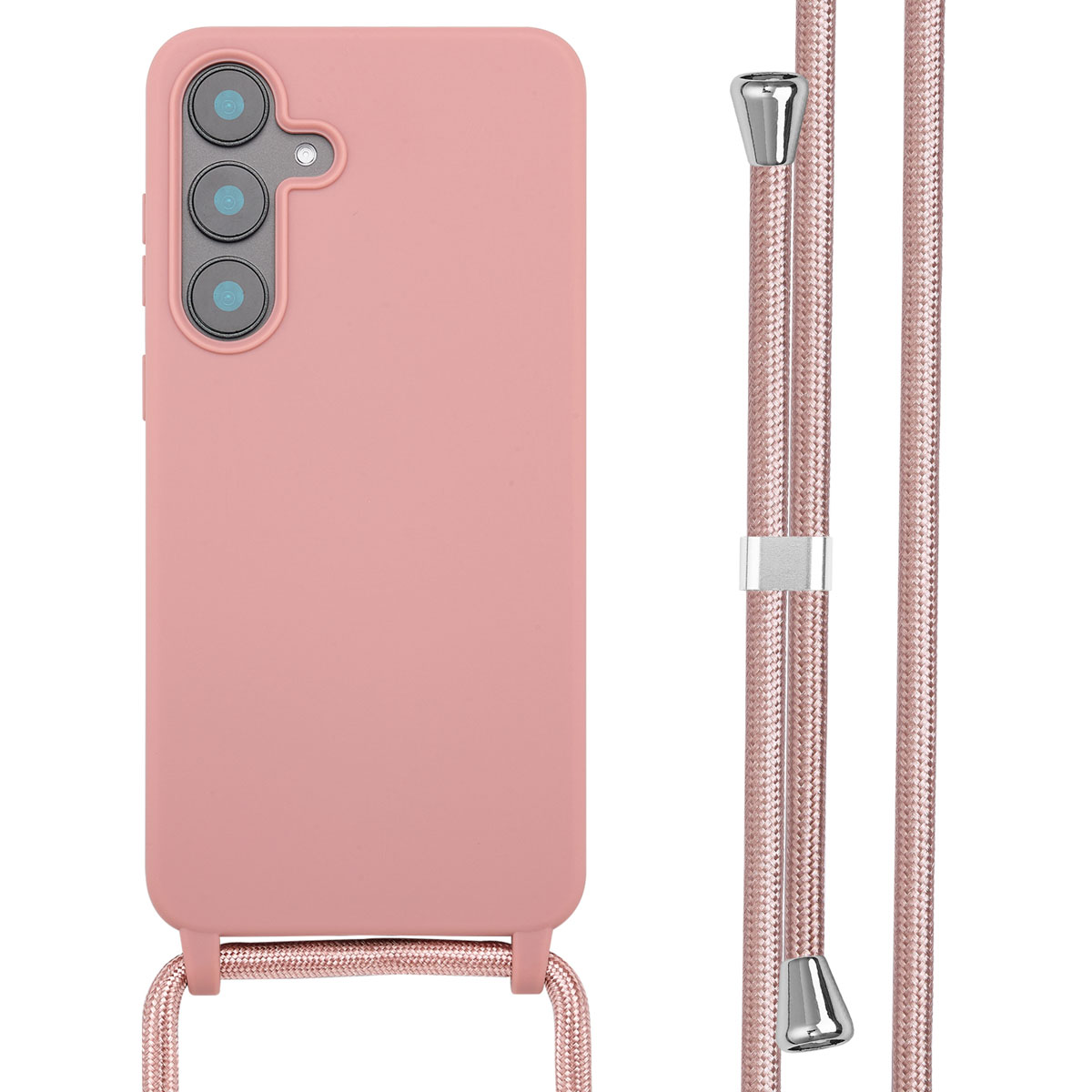 Een roze telefoonhoesje met een koord. De hoes heeft drie camera's. Het koord is roze met zilveren metalen details.