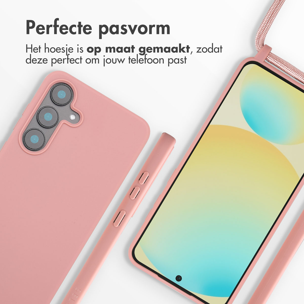Roze telefoonhoesje en telefoon met kleurrijk scherm. Hoesje heeft knoppen, telefoon heeft een koord. Tekst: Perfecte pasvorm.