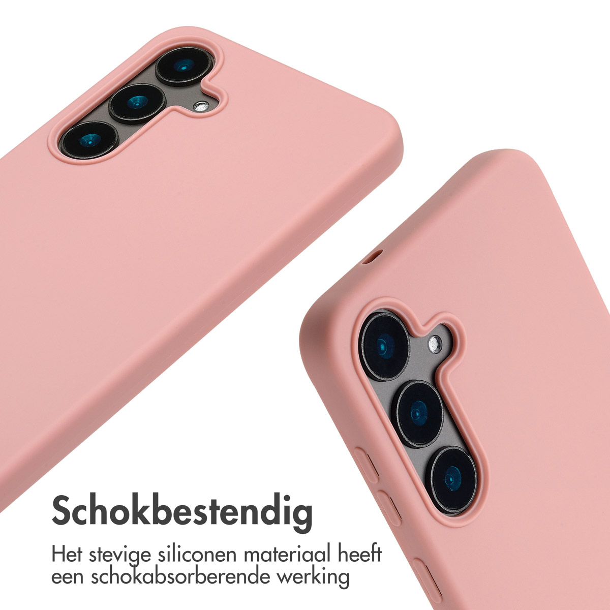 Twee roze telefoonhoesjes, één in focus, tonen de cameralens. Tekst onderaan zegt 'Schokbestendig' en details over het materiaal.