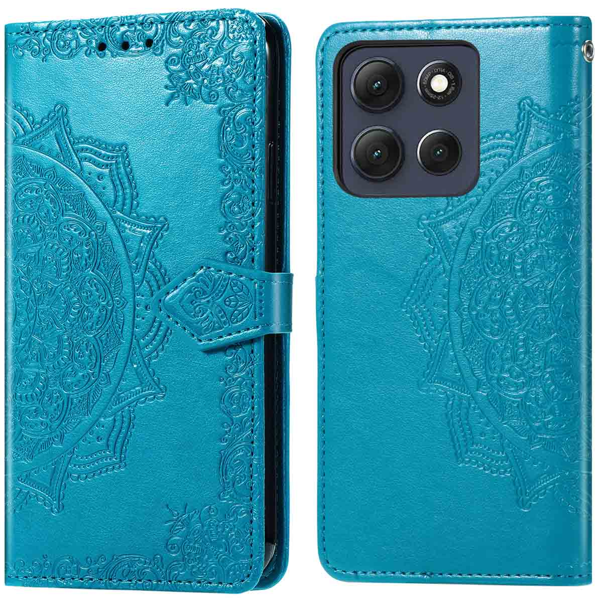 Een turquoise telefoonhoesje. Het is open en onthult de cameramodule van de telefoon. De hoes heeft een mandala-ontwerp en een magnetische sluiting.
