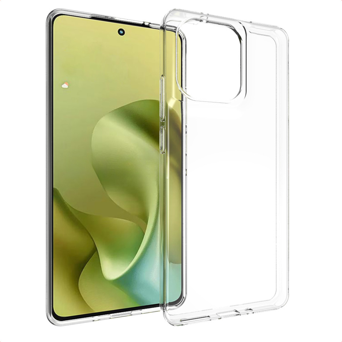 Un smartphone avec une coque de protection transparente. L'écran du téléphone affiche un arrière-plan flou vert et jaune. La coque est transparente.