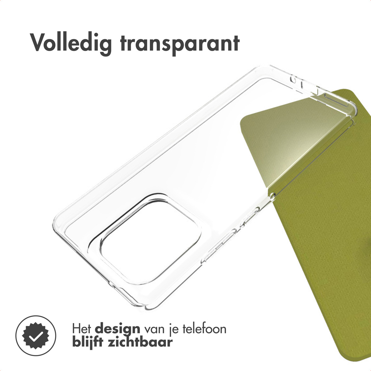 Une coque de téléphone transparente est présentée sur une surface verte. Le texte indique 'entièrement transparent' et 'design du téléphone visible'.