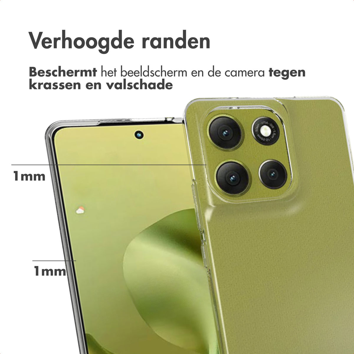 Coque de téléphone avec bords surélevés. La coque est transparente et protège l'écran et la caméra. L'écran a un fond vert.